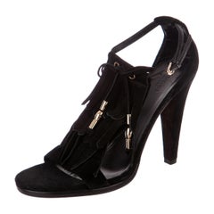 New With Box Gucci Black Suede & Gold Fringe Heels