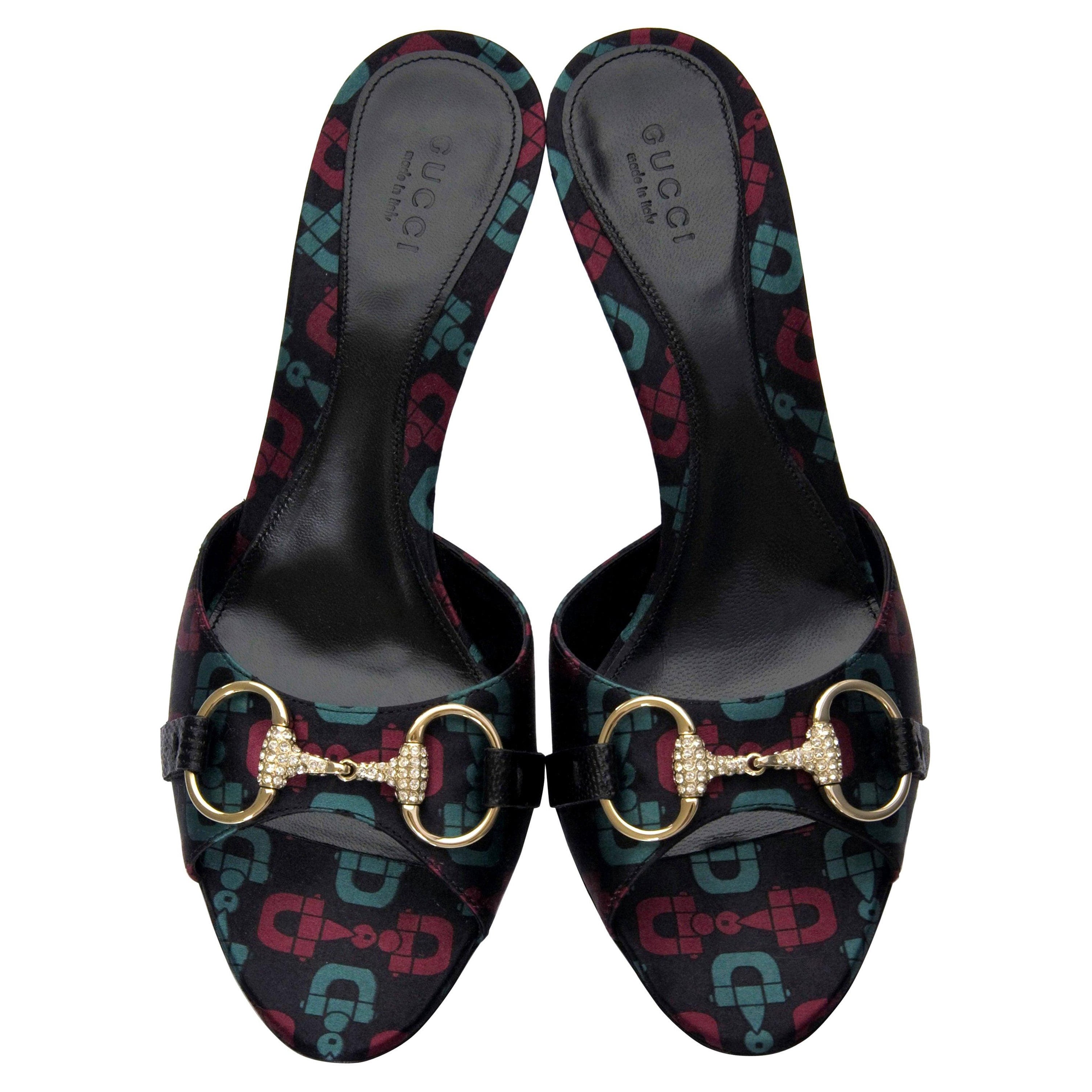 Pre-owned Gucci New With Box  Horsebit Lizard Swarovski Crystal Mules Heels Sz 7 In Black
