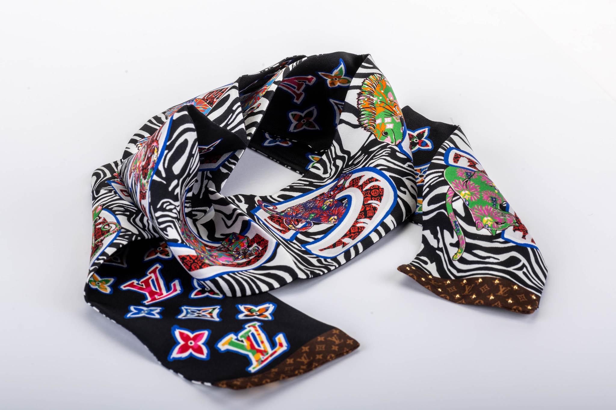 Hermes new in box black zebra multicolor thin maxi twilly. 100% silk, comes with original orange box and instructions booklet.