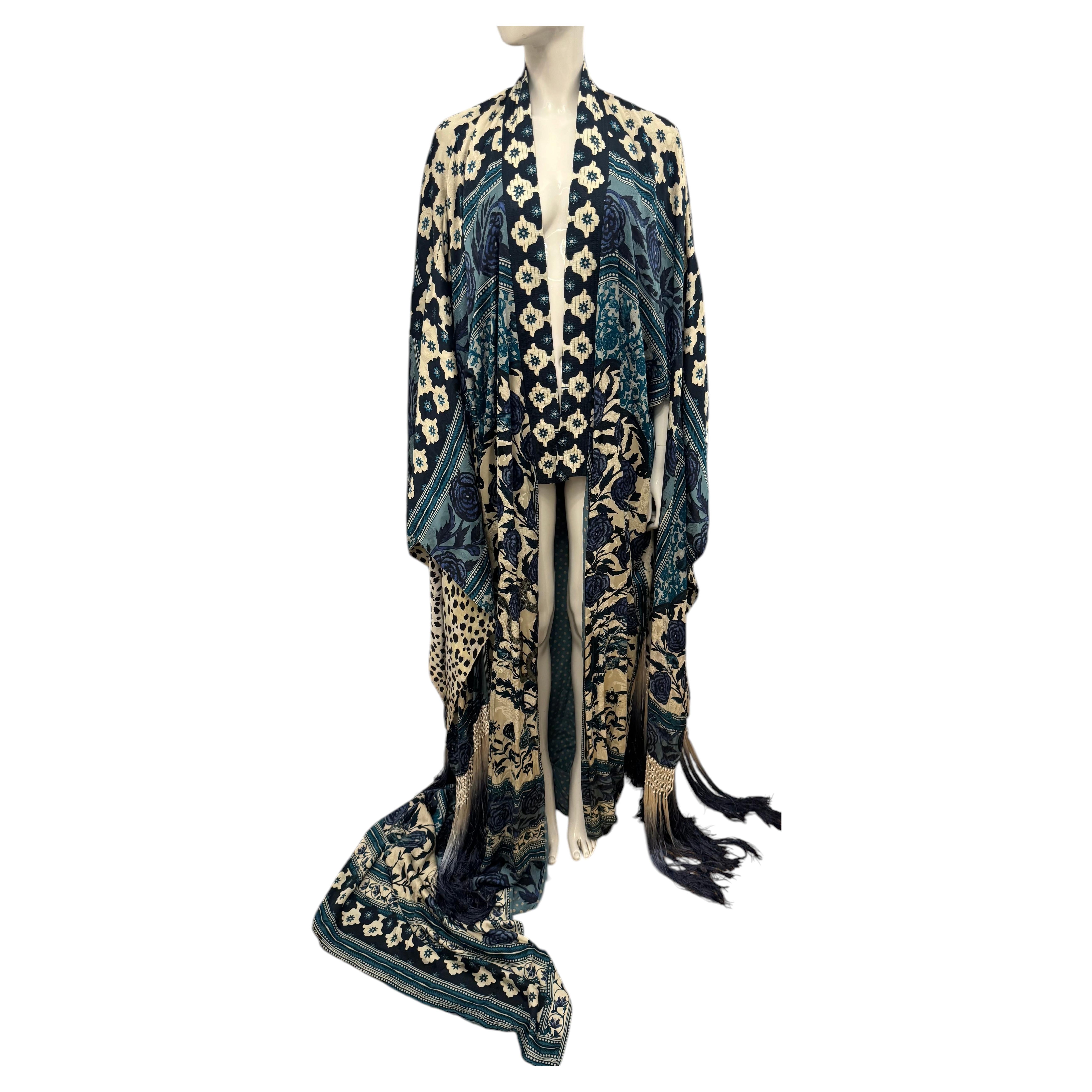 Pre-owned Roberto Cavalli New With Tags Peter Dundas Silk Fringe Kimono Coat S/s 2017 In Black