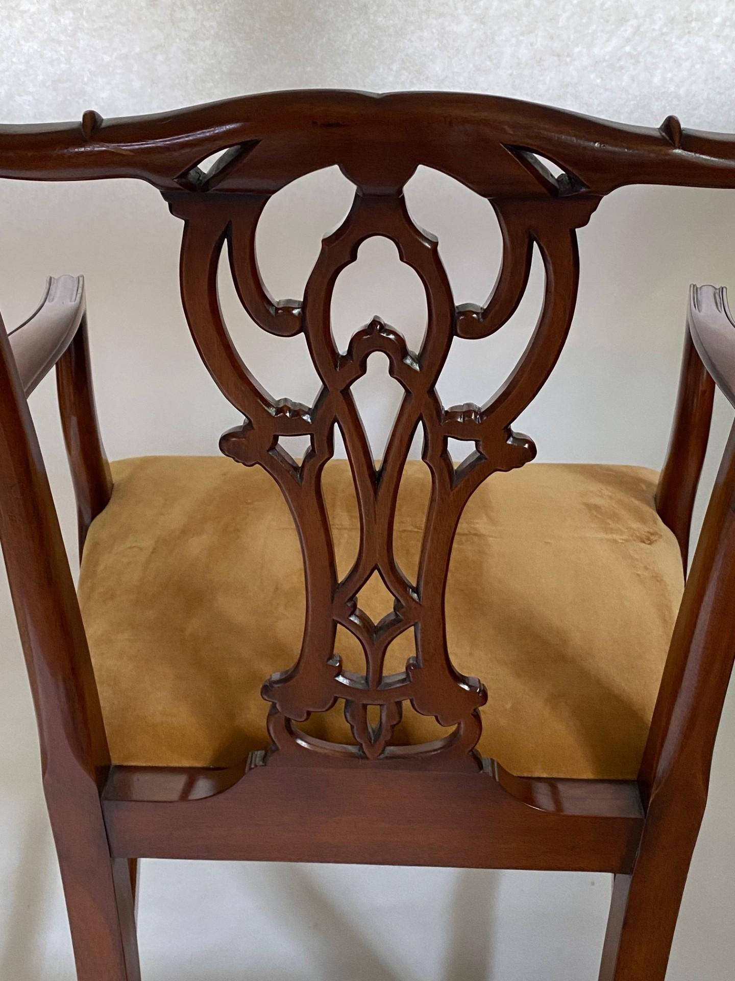 Tappezzeria NUOVO Wood & Hogan Poltrona in stile Chippendale in mogano intagliato dall'Inghilterra in vendita