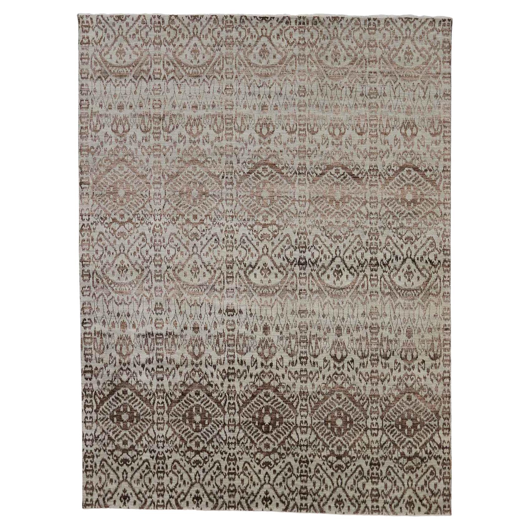 New Wool and Silk Ikat Rug with Transitional Style and Earth-Tone Color Palette For Sale