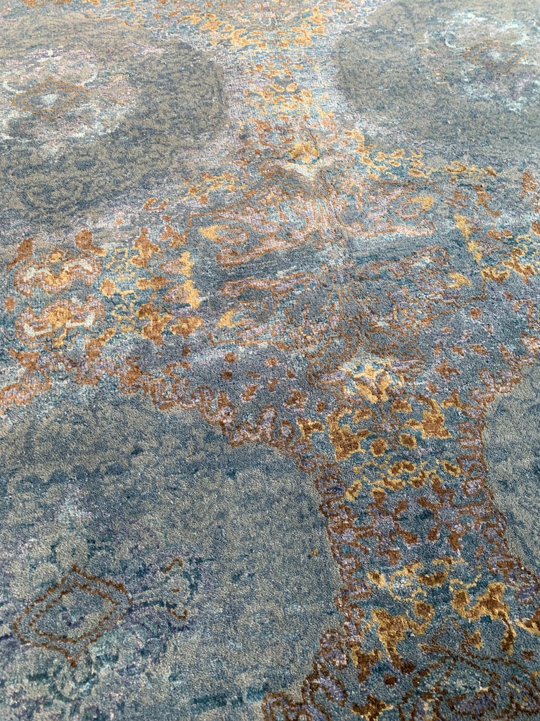 Wool and Silk Hand Knotted Kasmo Blue Area Rug For Sale at 1stDibs