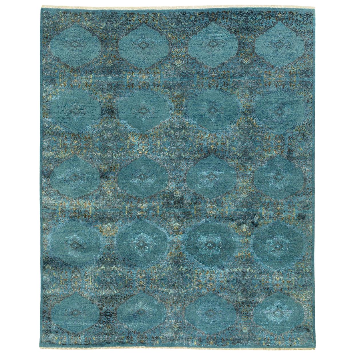 Wool and Silk Hand Knotted Kasmo Blue Area Rug For Sale