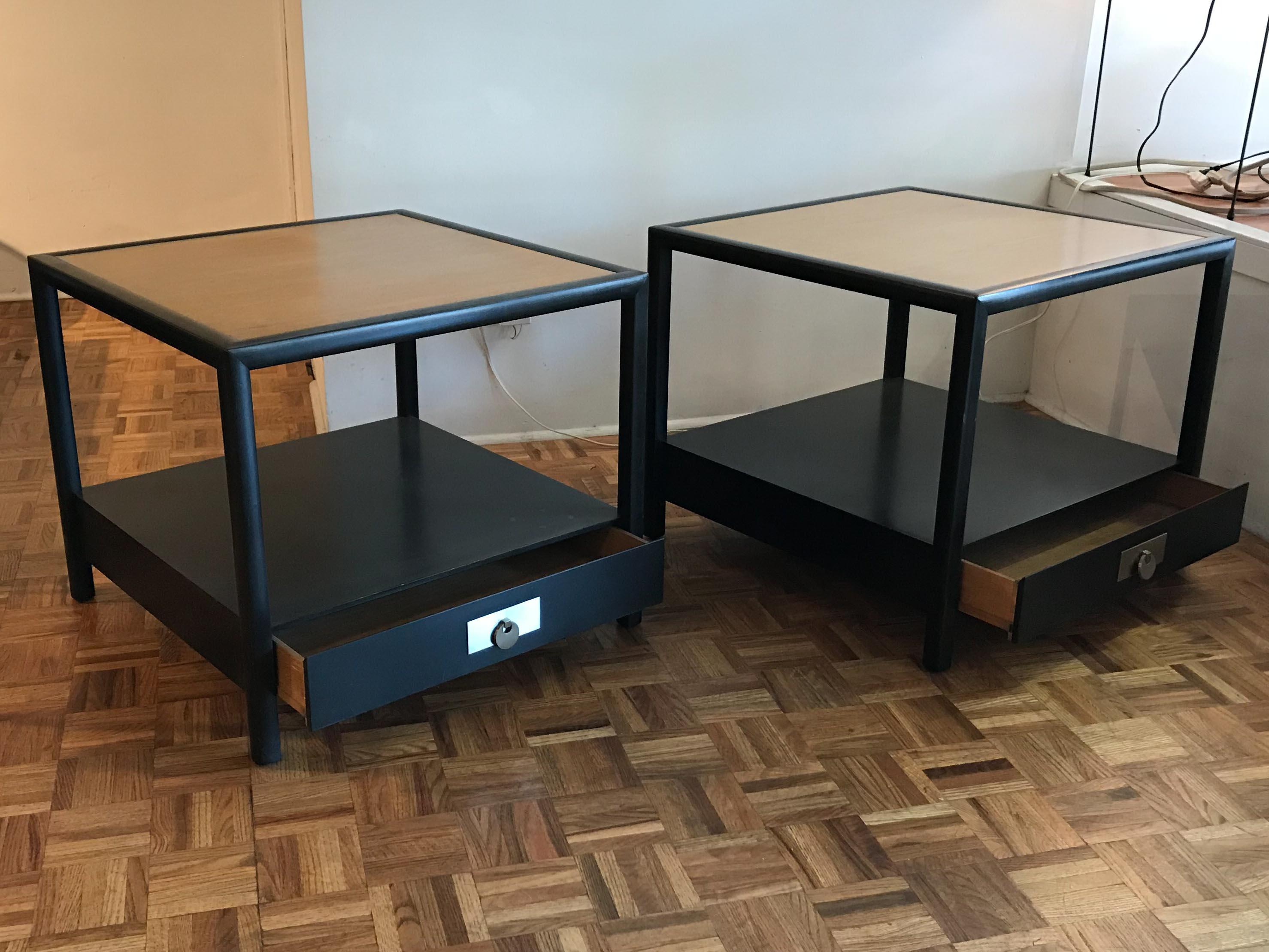 Pair of end tables or nightstands by Michael Taylor for Baker Furniture's New World collection. Original condition with minor wear consistent with age and use. Please see photos.
 