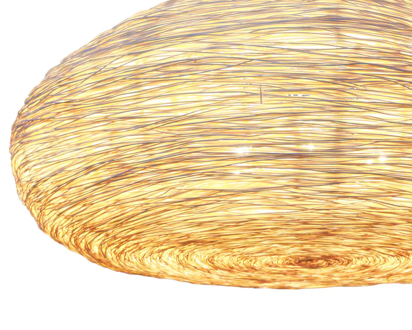 New World pendant light diffuser is a circular / ovaloid form, which is then clad with superfine extruded rattan, which when installed, generates a warm and generous light quality. Ango use our own unique technique of random hand weaving to create