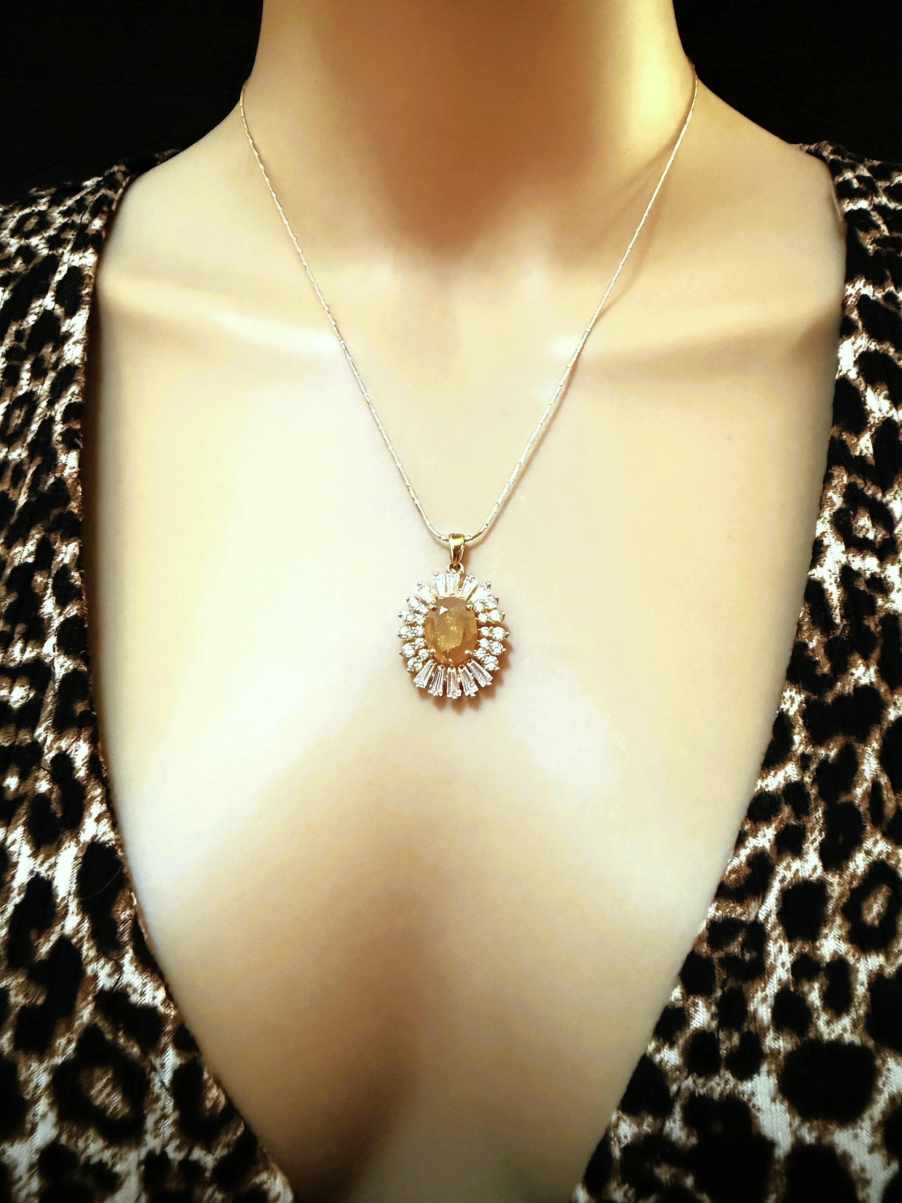 Oval Cut New Y Gold PL Sterling 5.05 Carat Yellow & Diamond Cut Sapphire Necklace For Sale