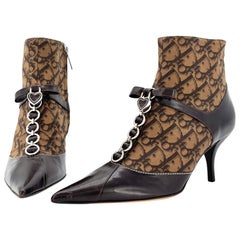 New Y2K Vintage Dior Galliano Heart Charm Monogram Bow Pointed Toe Boots 37.5