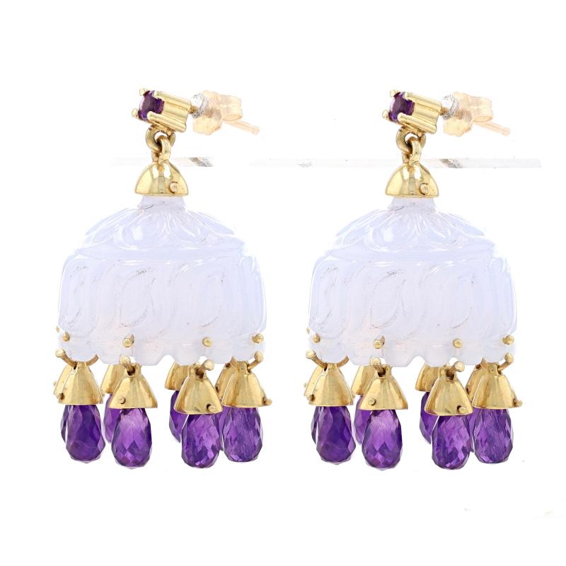 Round Cut NEW Yellow Gold Chalcedony Amethyst Bell Chandelier Earrings 18k Carved 11.20ctw For Sale