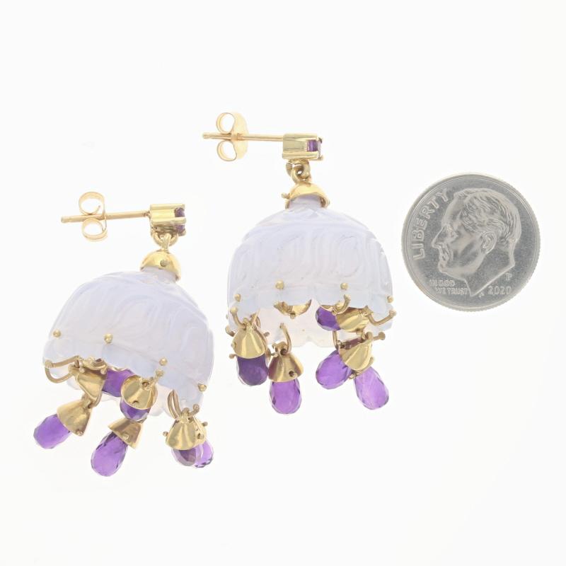 NEW Yellow Gold Chalcedony Amethyst Bell Chandelier Earrings 18k Carved 11.20ctw For Sale 1