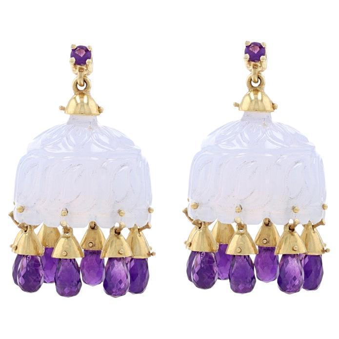 NEW Yellow Gold Chalcedony Amethyst Bell Chandelier Earrings 18k Carved 11.20ctw For Sale