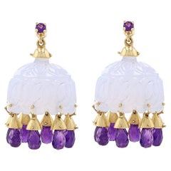 NEW Yellow Gold Chalcedony Amethyst Bell Chandelier Earrings 18k Carved 11.20ctw