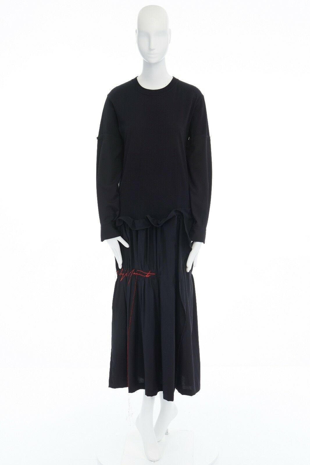 Black new YOHJI YAMAMOTO black mixed fabric drop waist embroidered shirred dress JP2 M