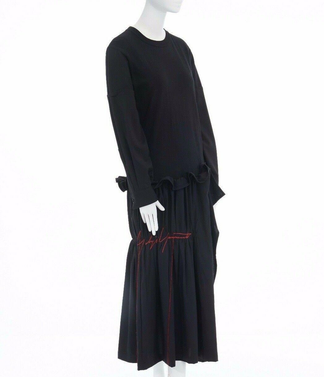 new YOHJI YAMAMOTO black mixed fabric drop waist embroidered shirred dress JP2 M In Good Condition In Hong Kong, NT