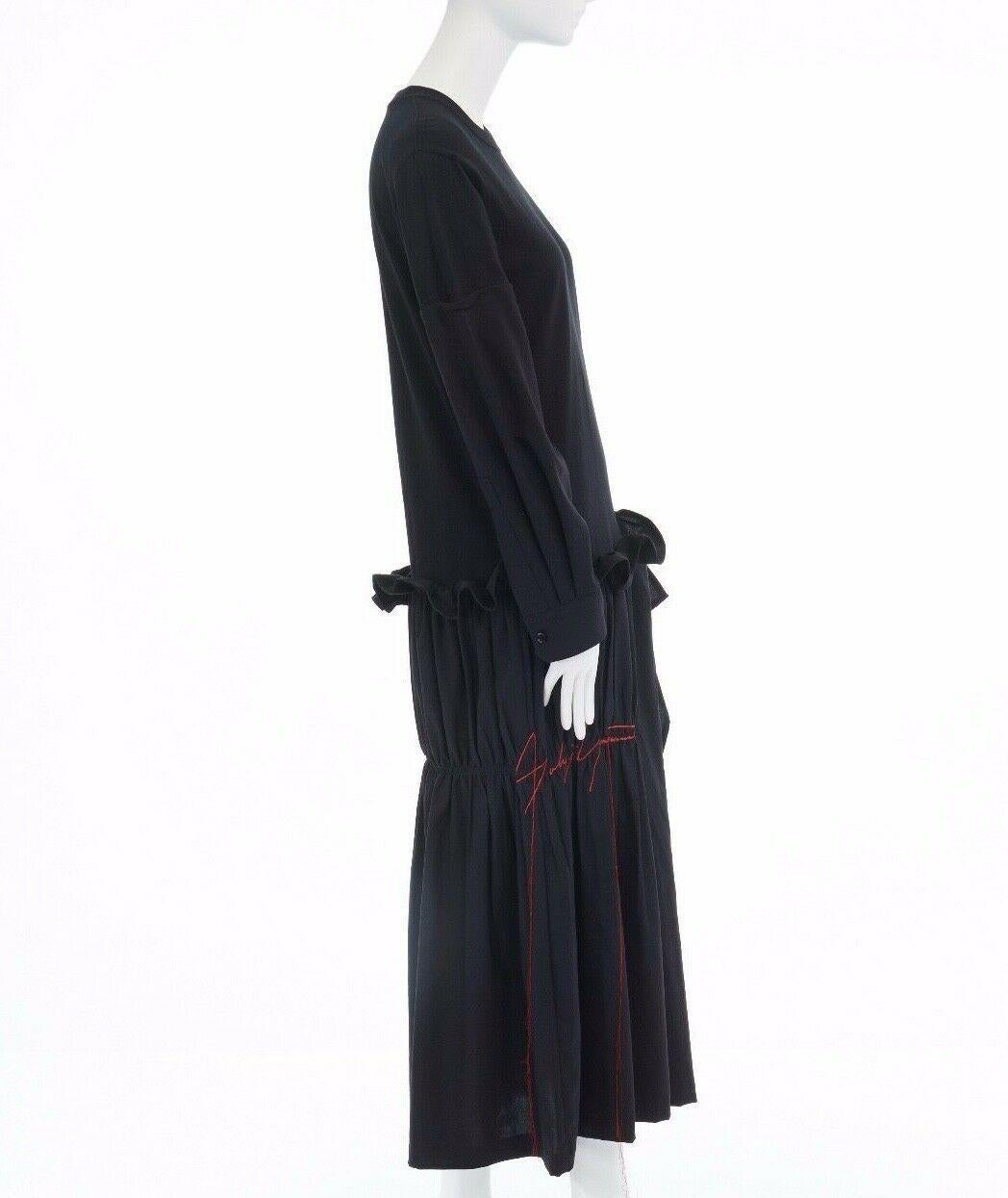 Women's new YOHJI YAMAMOTO black mixed fabric drop waist embroidered shirred dress JP2 M