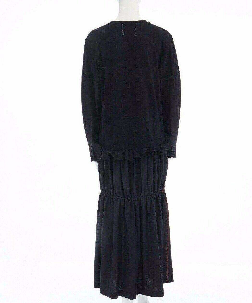 new YOHJI YAMAMOTO black mixed fabric drop waist embroidered shirred dress JP2 M 1