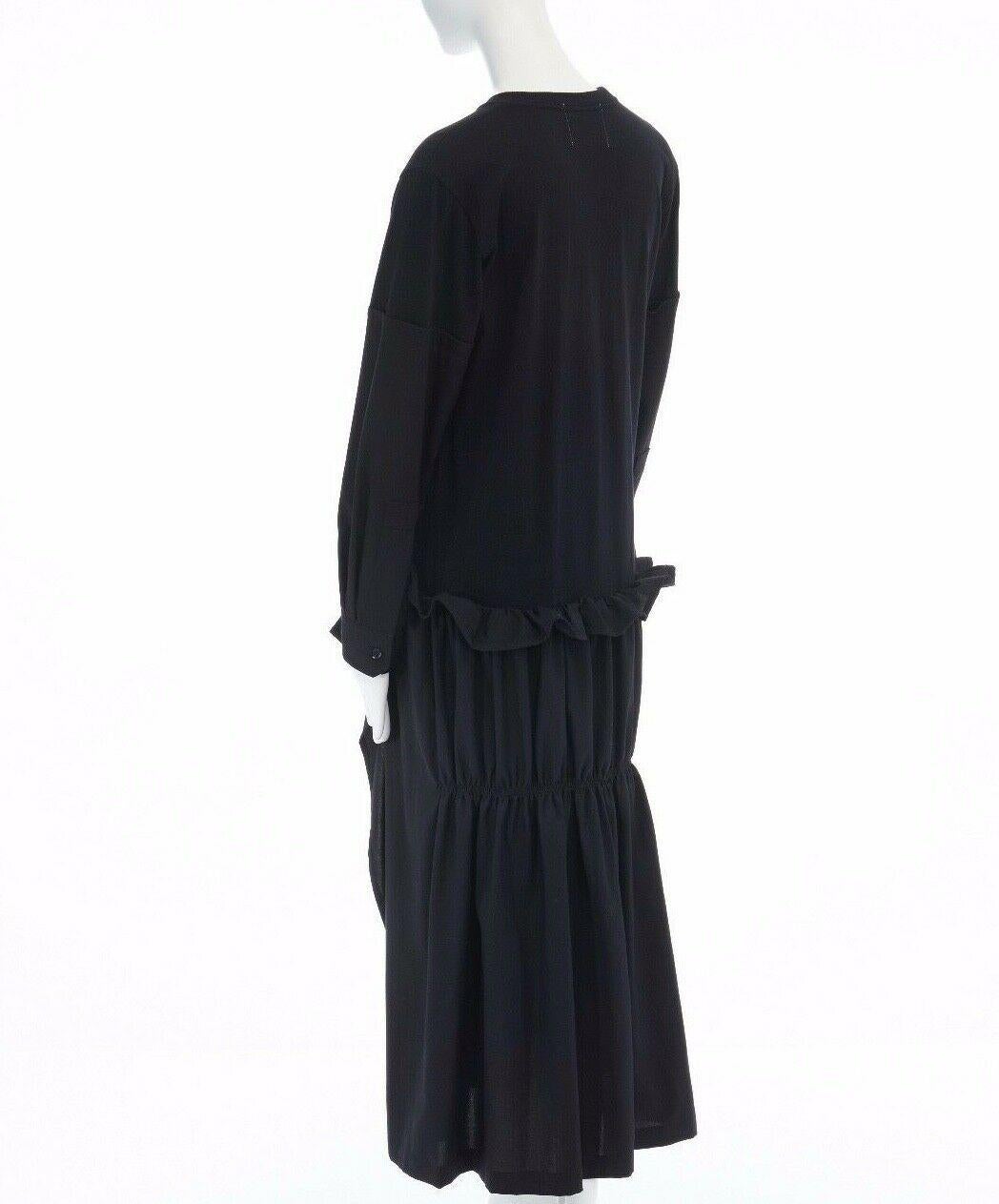 new YOHJI YAMAMOTO black mixed fabric drop waist embroidered shirred dress JP2 M 2