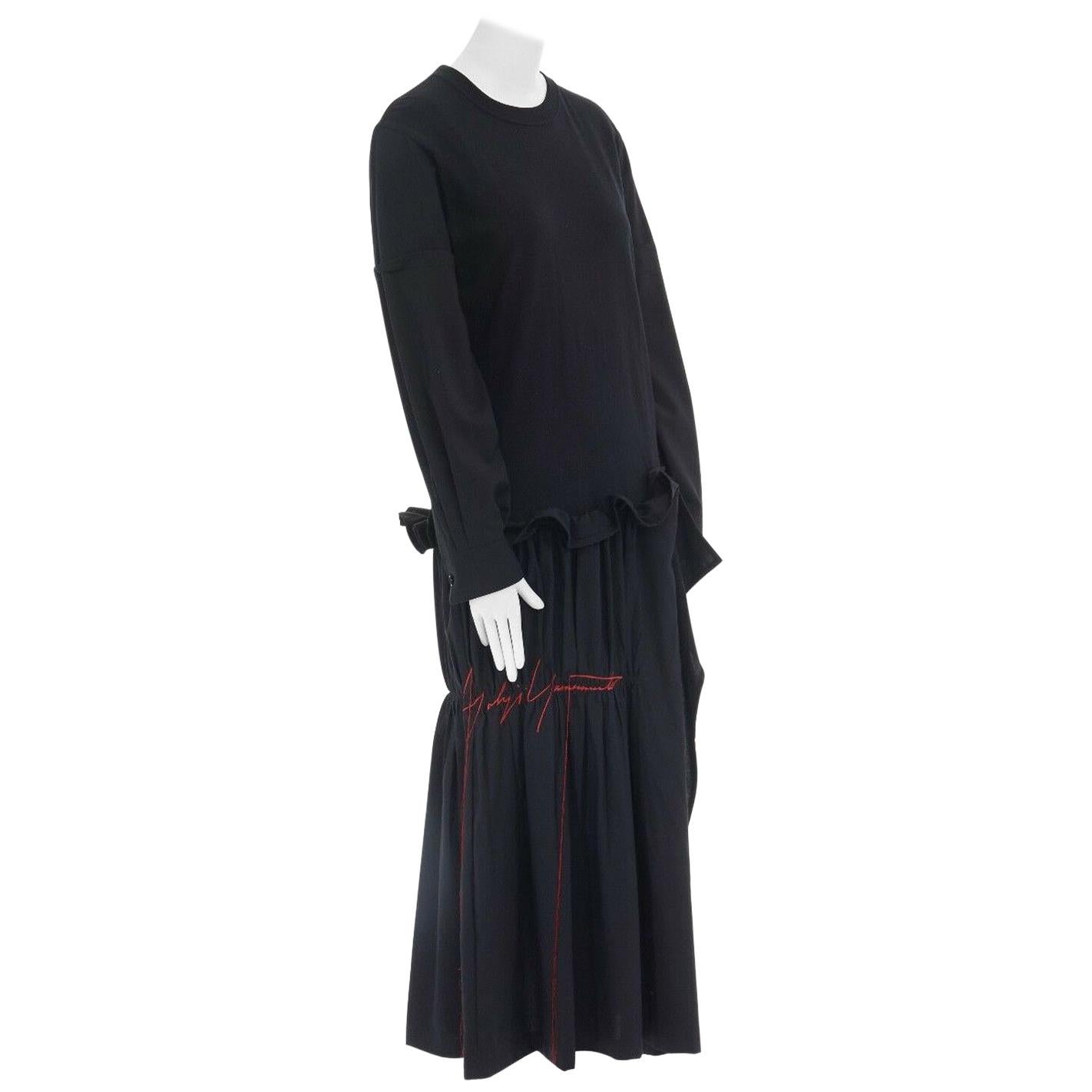 new YOHJI YAMAMOTO black mixed fabric drop waist embroidered shirred dress JP2 M