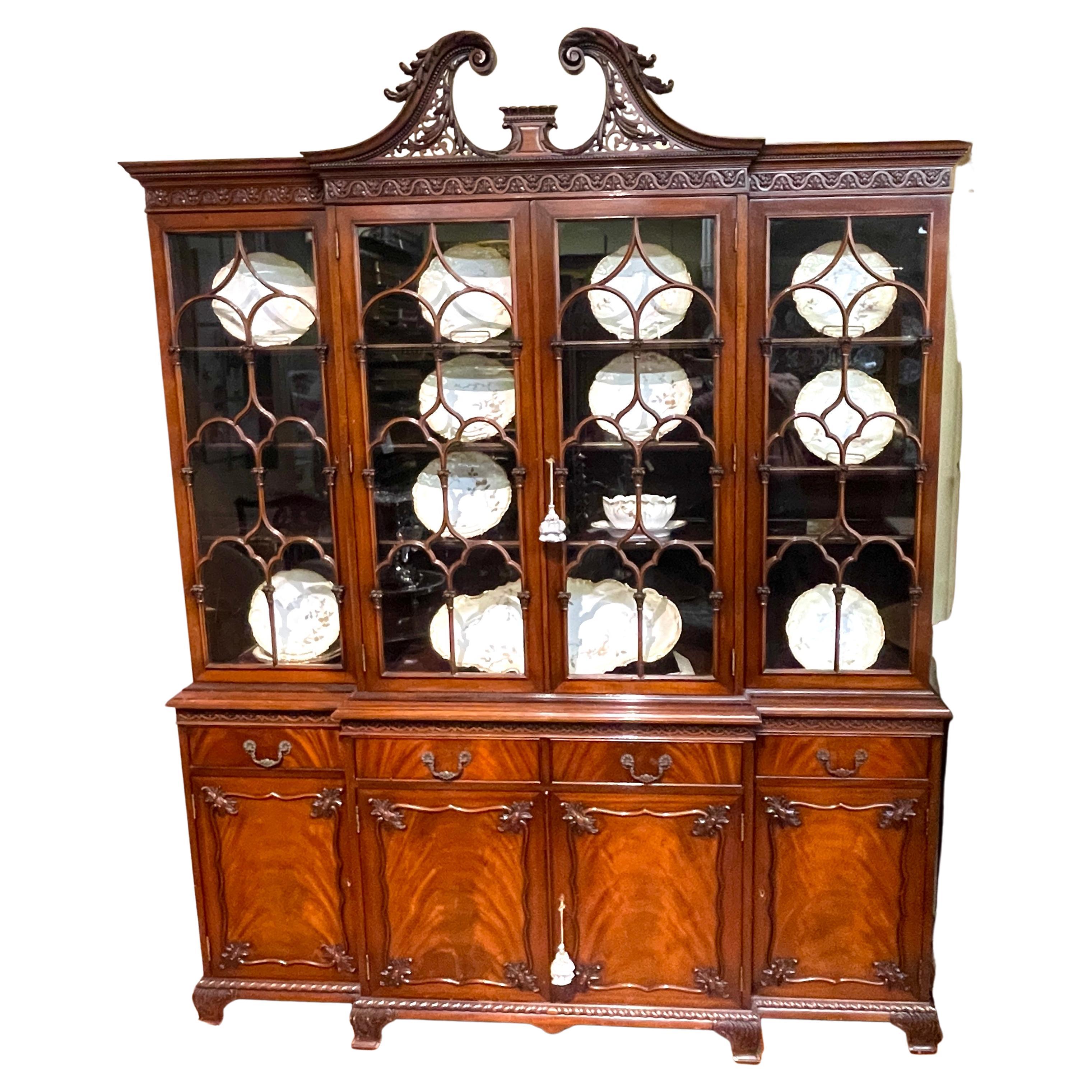 New York Bench Made Old Reprod. "Gothic" Chippendale Style Mahogany Bookcase For Sale