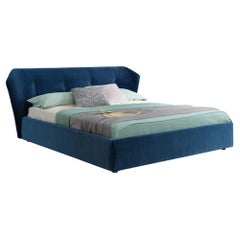 New York Box Bed Queen Size in Vegas Velvet Dark Blue Upholstery, Sergio Bicego