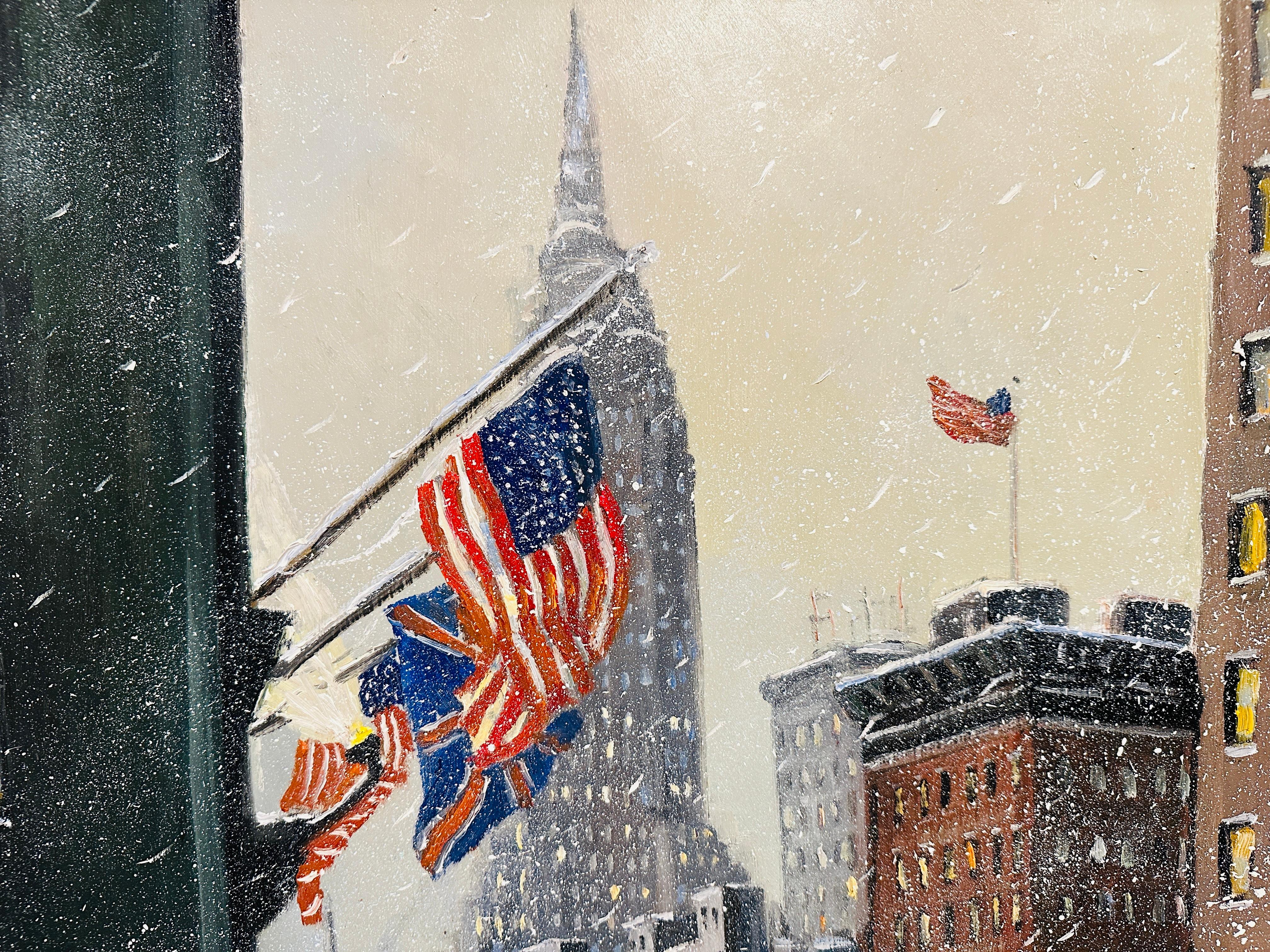 Nueva York impresionista, un día de invierno nevado en la calle 42. Los coches llenan la calle y la nieve llena el aire. La ciudad que nunca duerme resplandece de orgullo patriótico con el famoso Empire State Building como protagonista. Con su gran