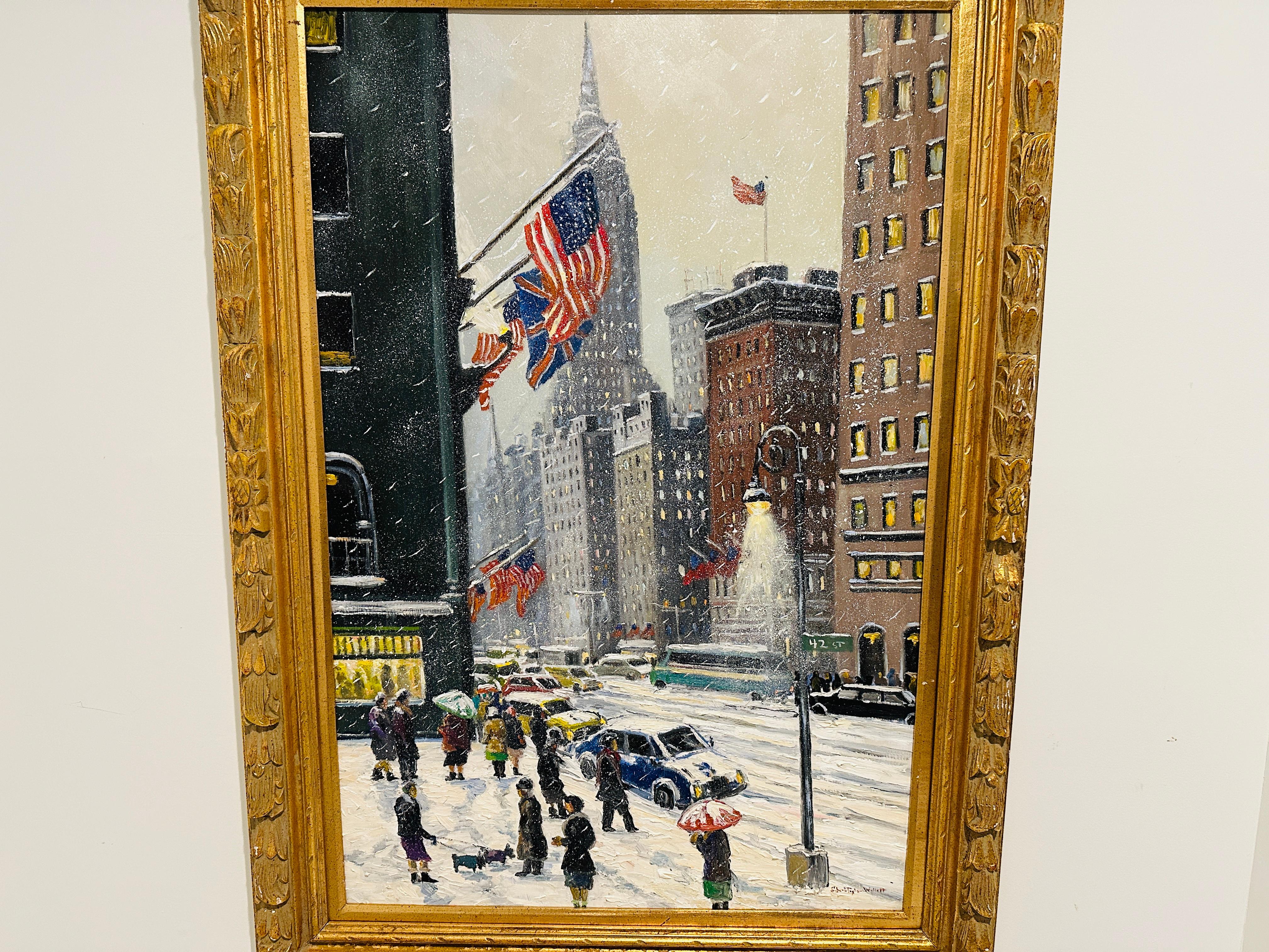 Nueva York 42nd Street Empire State Impresionista Escena invernal Pintura al óleo en Excelente Estado en Philadelphia, PA