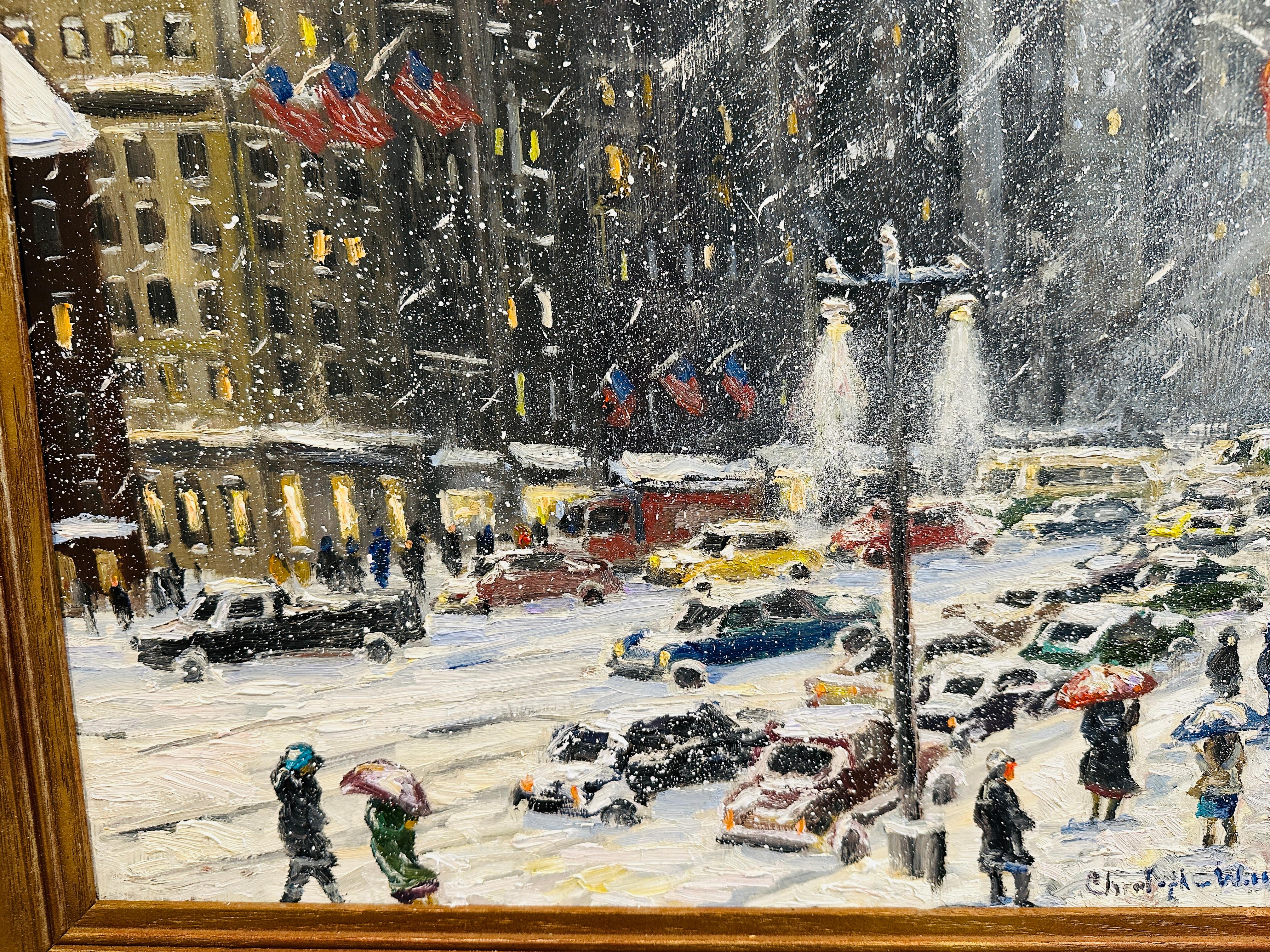 Nueva York 5ª Avenida Empire State Impresionista Escena invernal Pintura al óleo en Excelente Estado en Philadelphia, PA