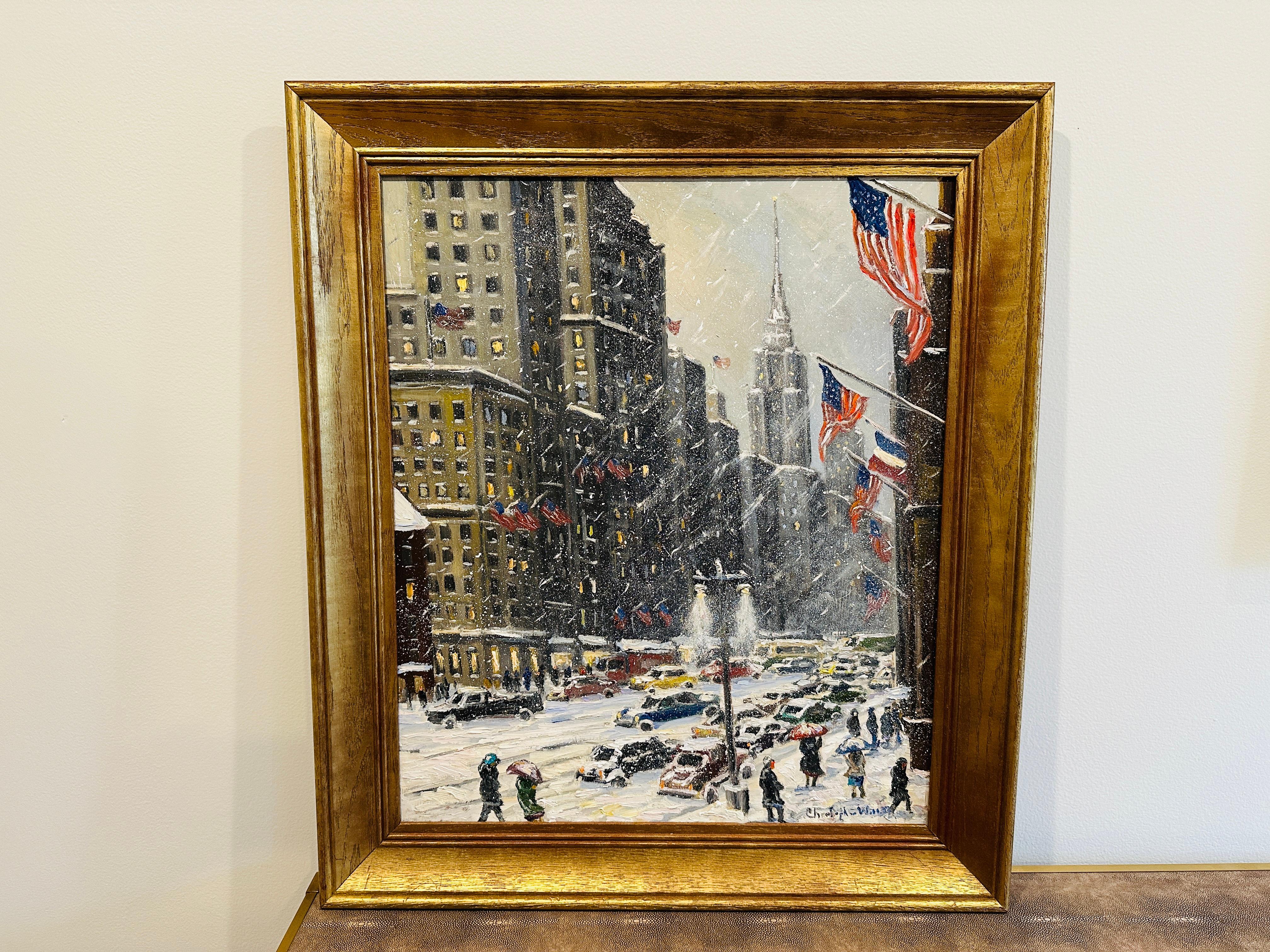 Nueva York 5ª Avenida Empire State Impresionista Escena invernal Pintura al óleo 1