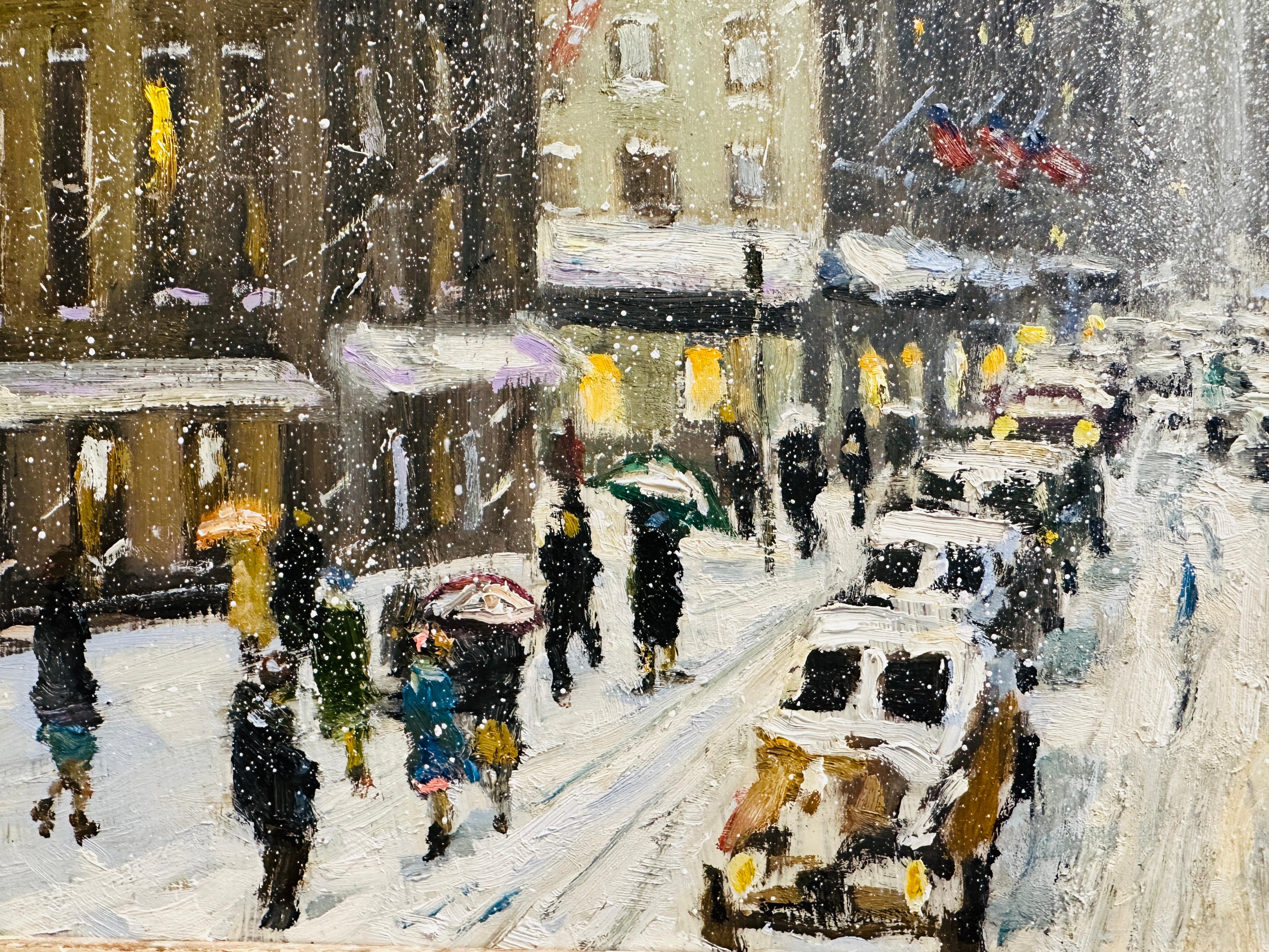 Nueva York 5ª Avenida Empire State Impresionista Escena invernal Pintura al óleo en venta 2