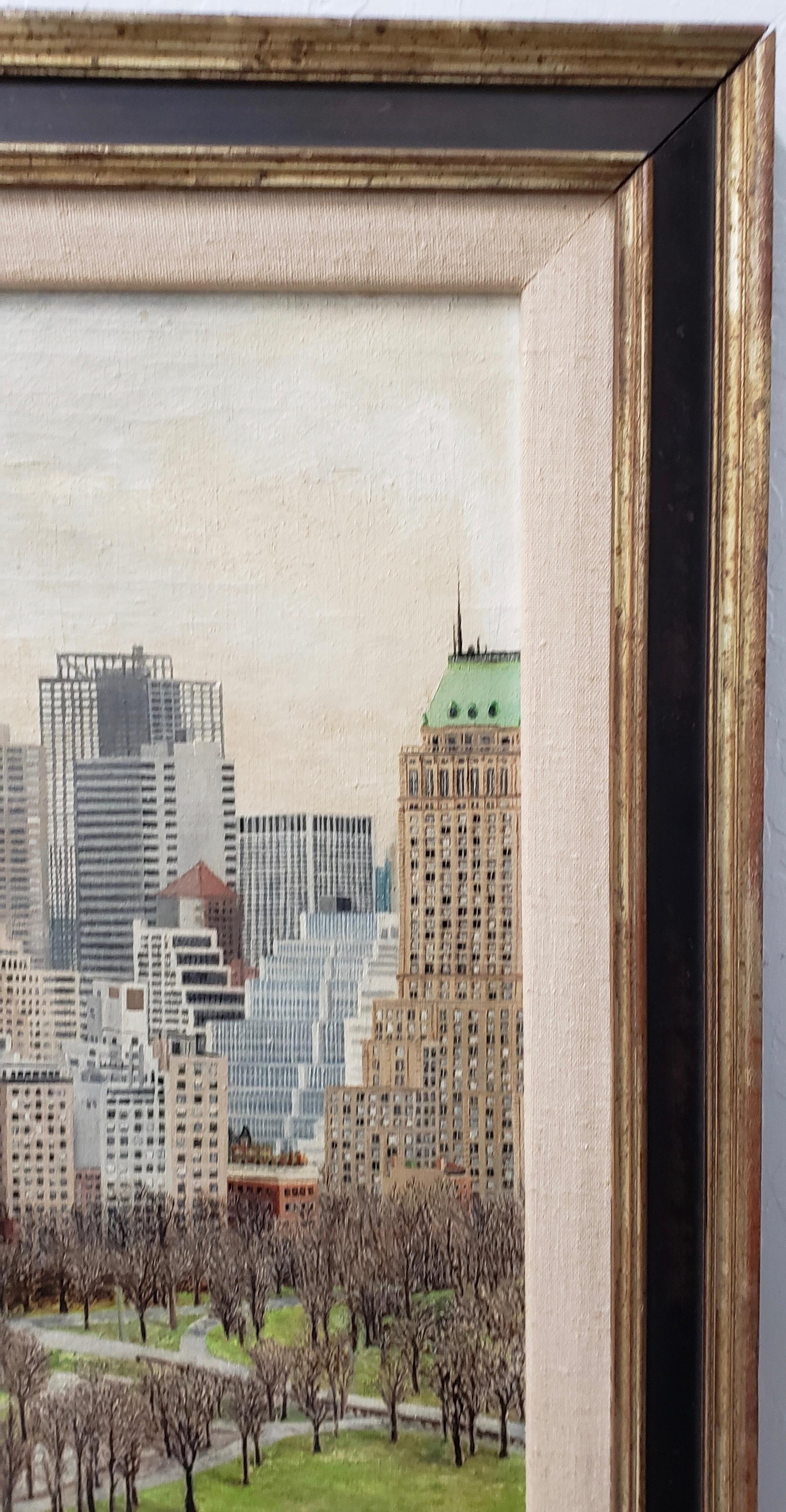 Folk Art New York City Central Park South Original Oil Painting by Morrison, circa 1970