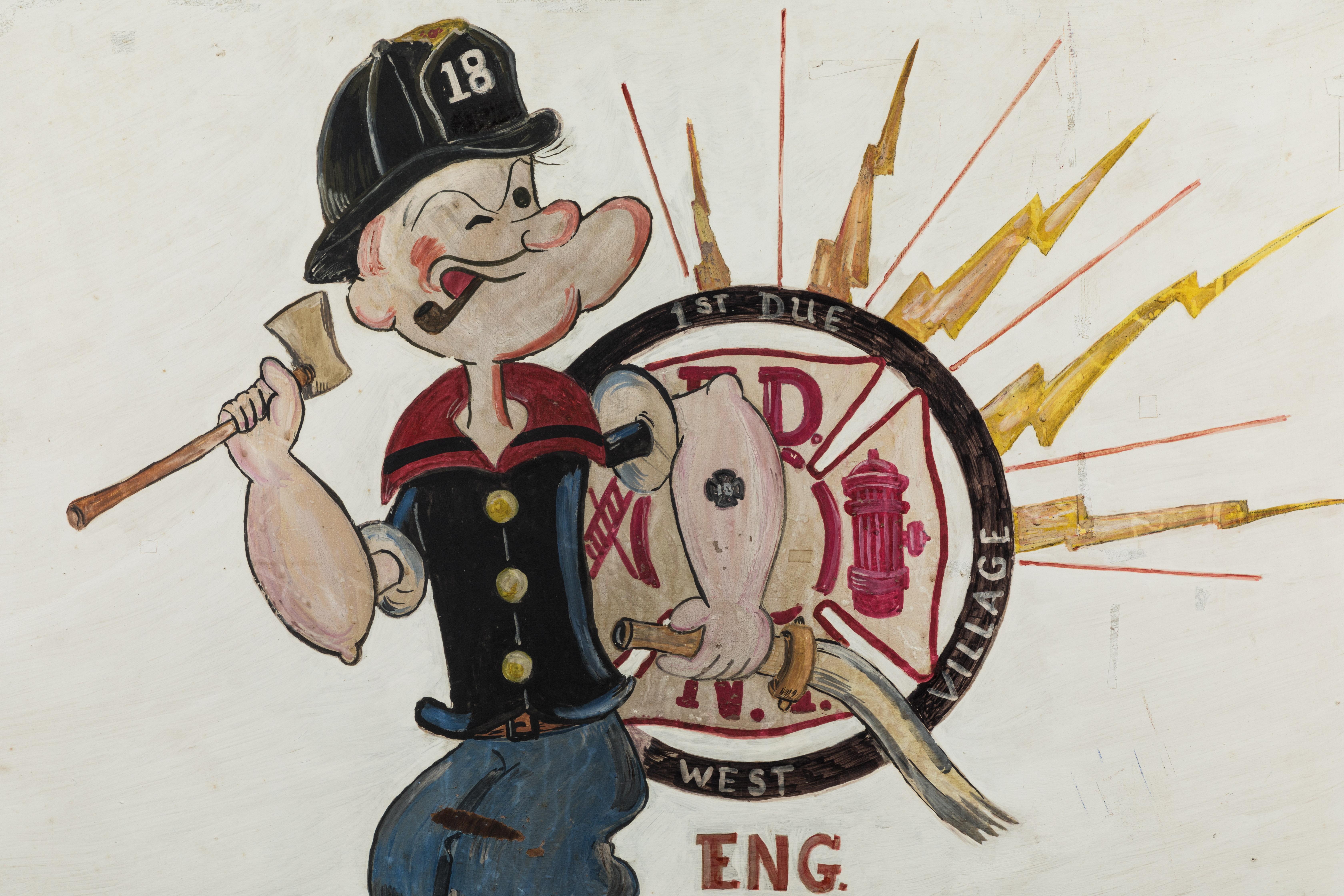 Great Folk Art painting from New York City. FDNY West Village Engine Company #18. Hand painted on masonite. Engine 18 is represented on Popeye's fire helmut and forearm tattoo. Fun piece of New York City FDNY memorabilia.