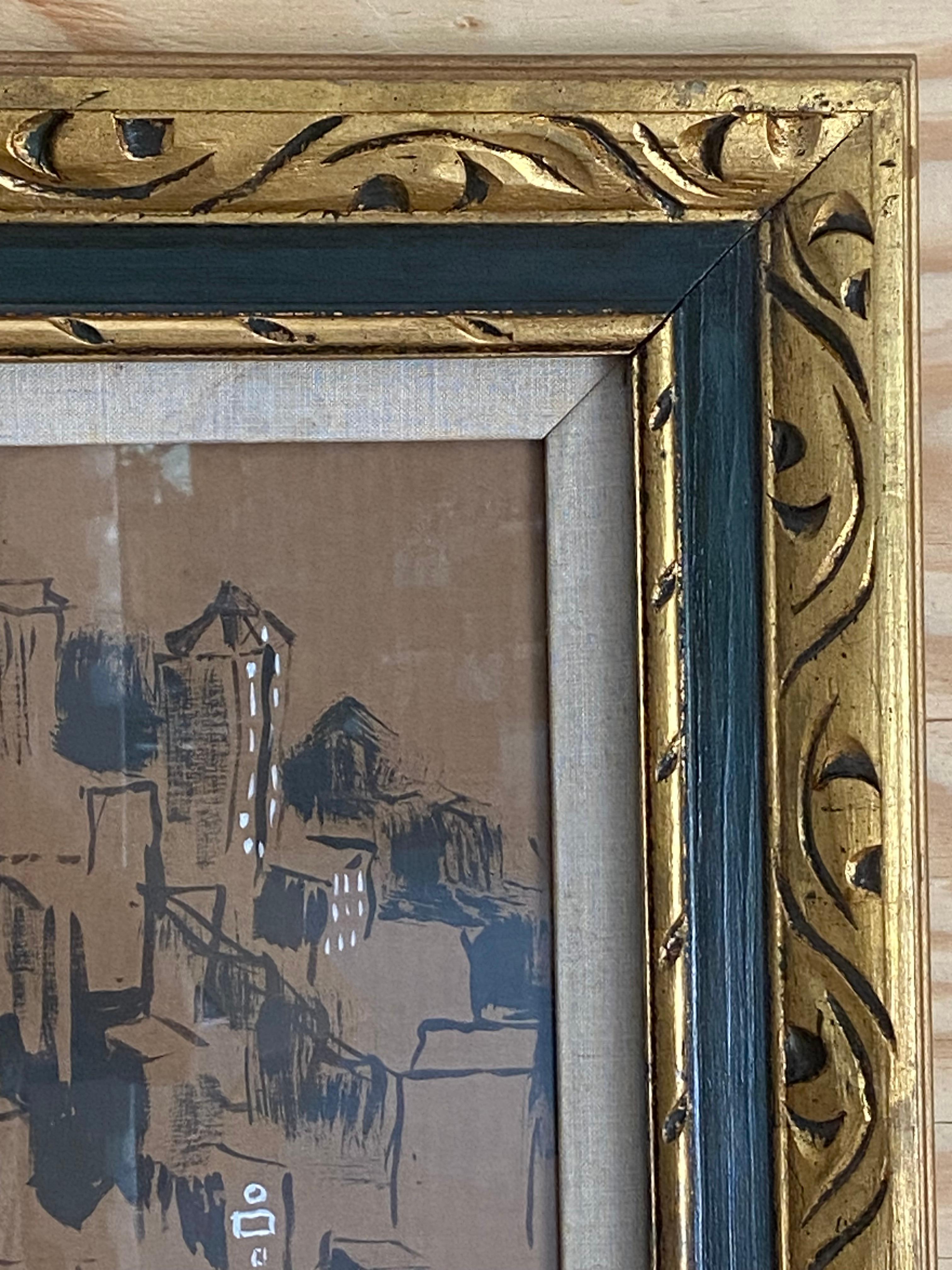 New York City Gouache-Gemälde in Giltwood-Rahmen im Angebot 3
