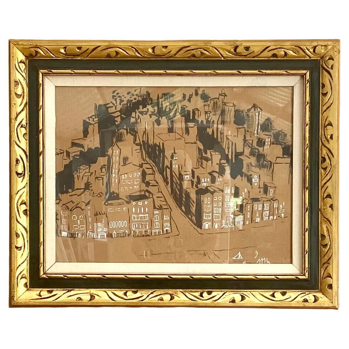 New York City Gouache-Gemälde in Giltwood-Rahmen im Angebot