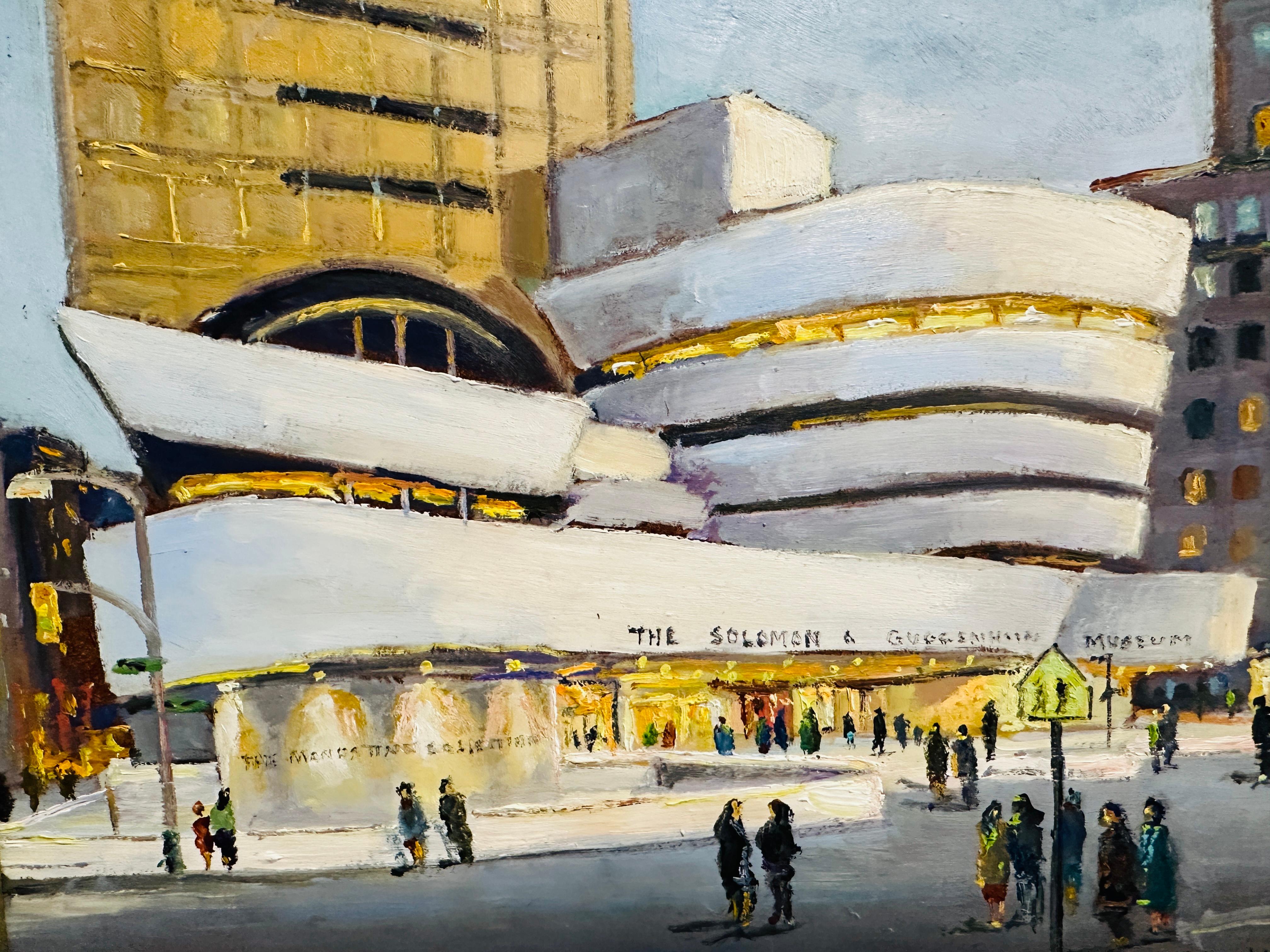 La New York impressionista, una serata al Guggenheim. Sia i turisti che gli abitanti del luogo si recano al Guggenheim Museum di A. Solomon nell'Upper East Side. Le luci illuminano il famoso edificio progettato dal famoso architetto Frank Lloyd