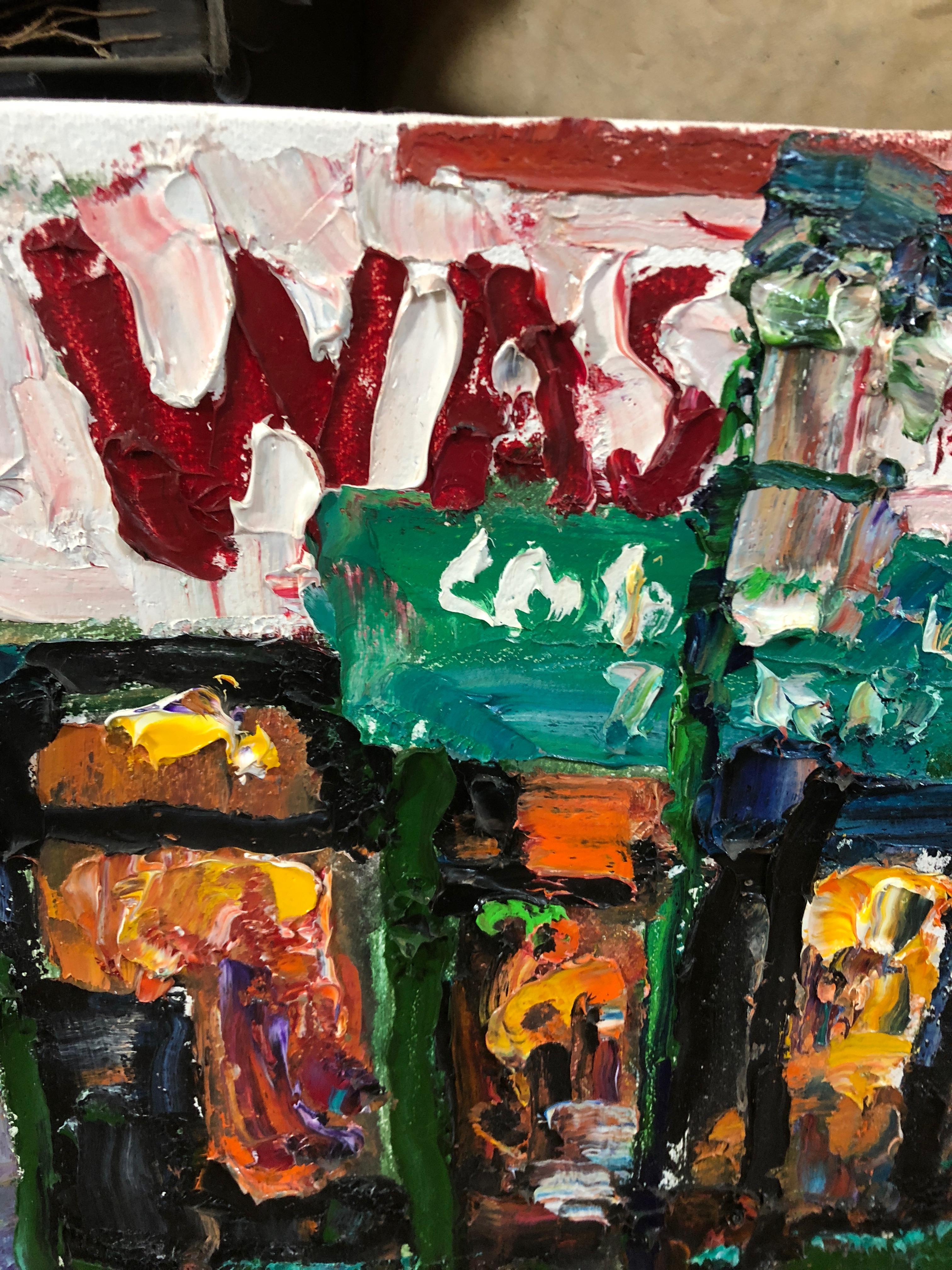 Wonderful very painterly plein air painting of a New York City street with a prominent graphic laundromat sign. Yummy rich impasto and incredible lively brushstrokes in this painting by renowned artist Ken McIndoe.