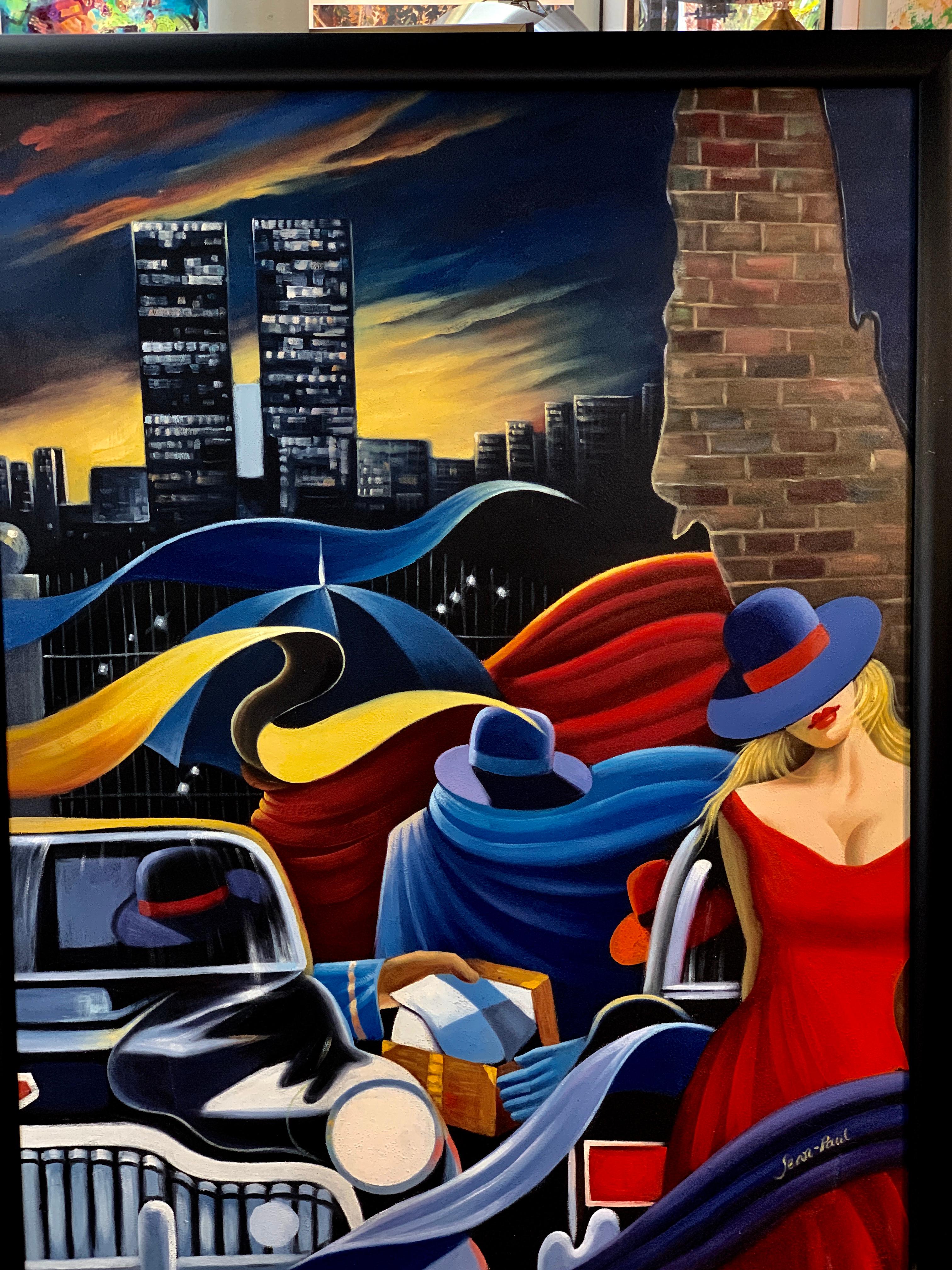 A painting with a group of people in a Film Noir stye with a backdrop of the World Trade Center Towers. This New York City scene features some wonderful figures in hats. The frame is black satin and has some marks and minor paint loss and retouch.