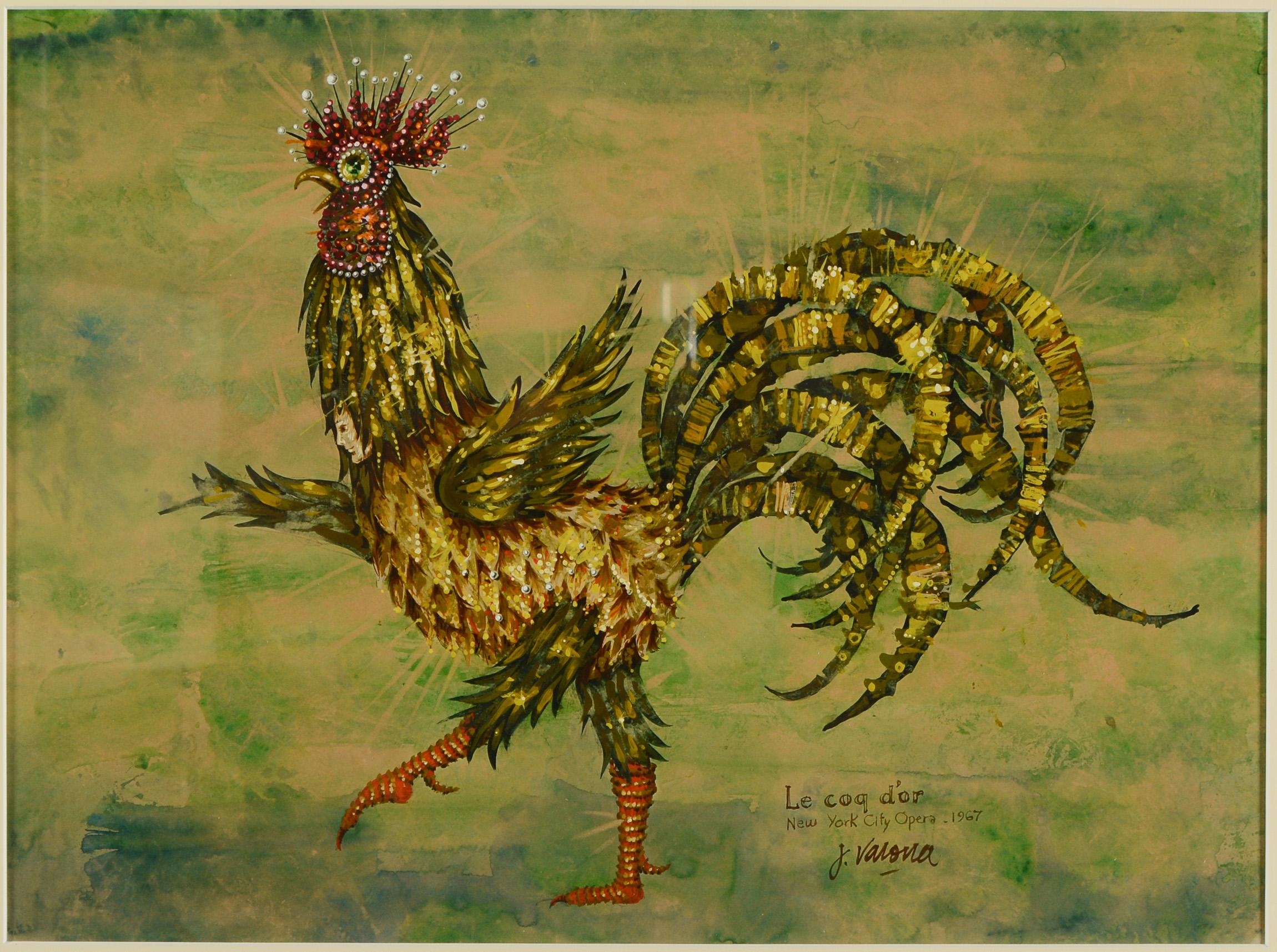 Endgültige Kostümzeichnung von Jose Varona für die Inszenierung von Le Coq d'Or (Der Goldene Hahn) an der New York City Opera von 1967. Dieser Entwurf ist für die Titelfigur bestimmt. Die Zeichnung besteht aus Tusche, Aquarell und Gouache. Zwei