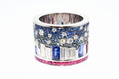Emerald, Ruby, Sapphire and Diamond Band Ring 18 Karat White Gold