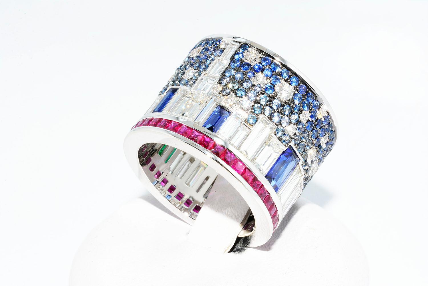 Baguette Cut Emerald, Ruby, Sapphire and Diamond Band Ring 18 Karat White Gold For Sale