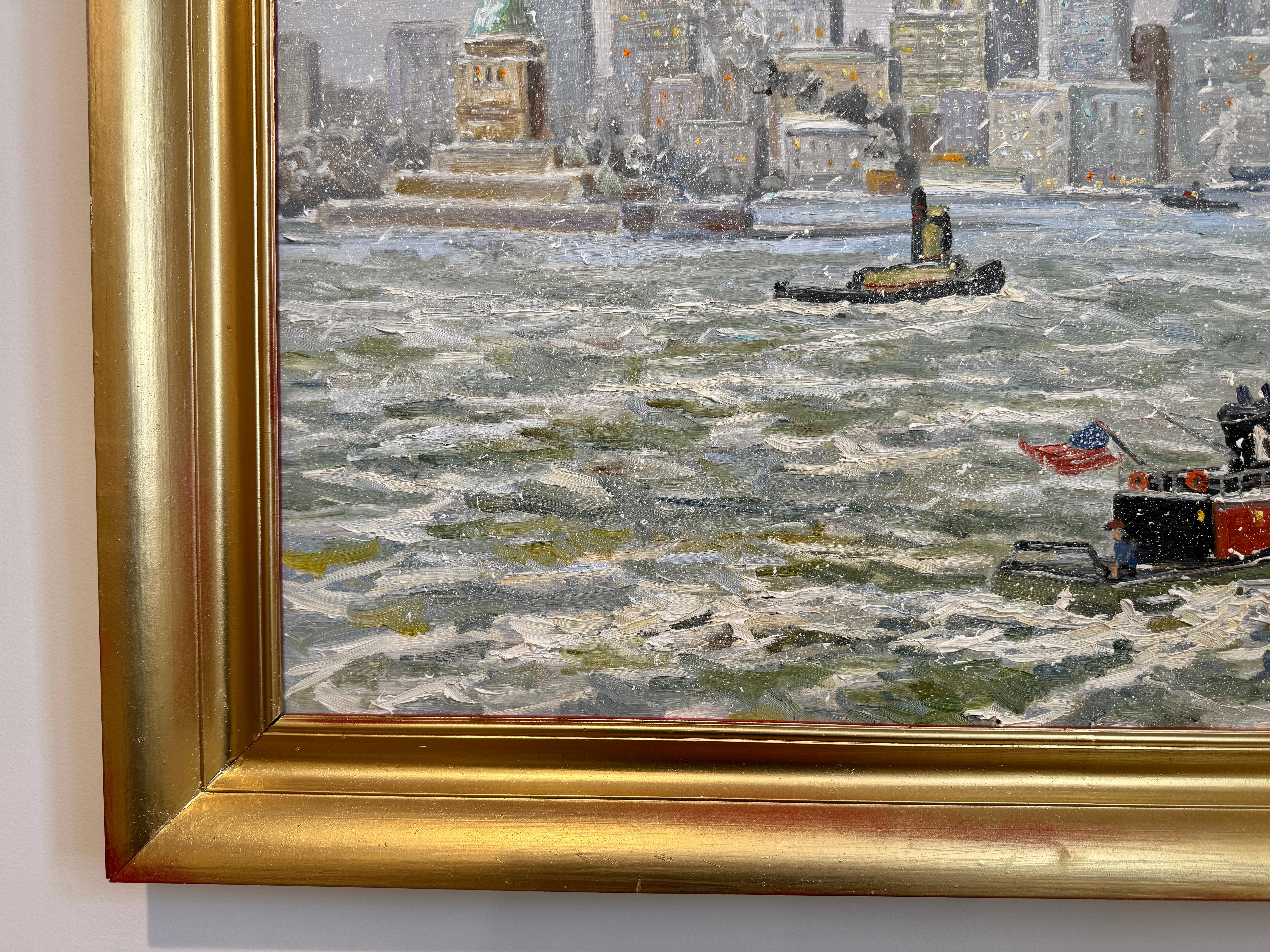 New York City Statua della Libertà Barca Hudson Impressionista Scena d'inverno Pittura ad olio in vendita 3