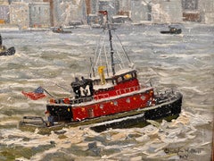 New York City Statue Liberty Boat Hudson Impressionist Winter Scene Oil Painting