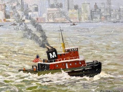 New York City Statue Liberty Boat Hudson Impressionist Winter Scene Oil Painting