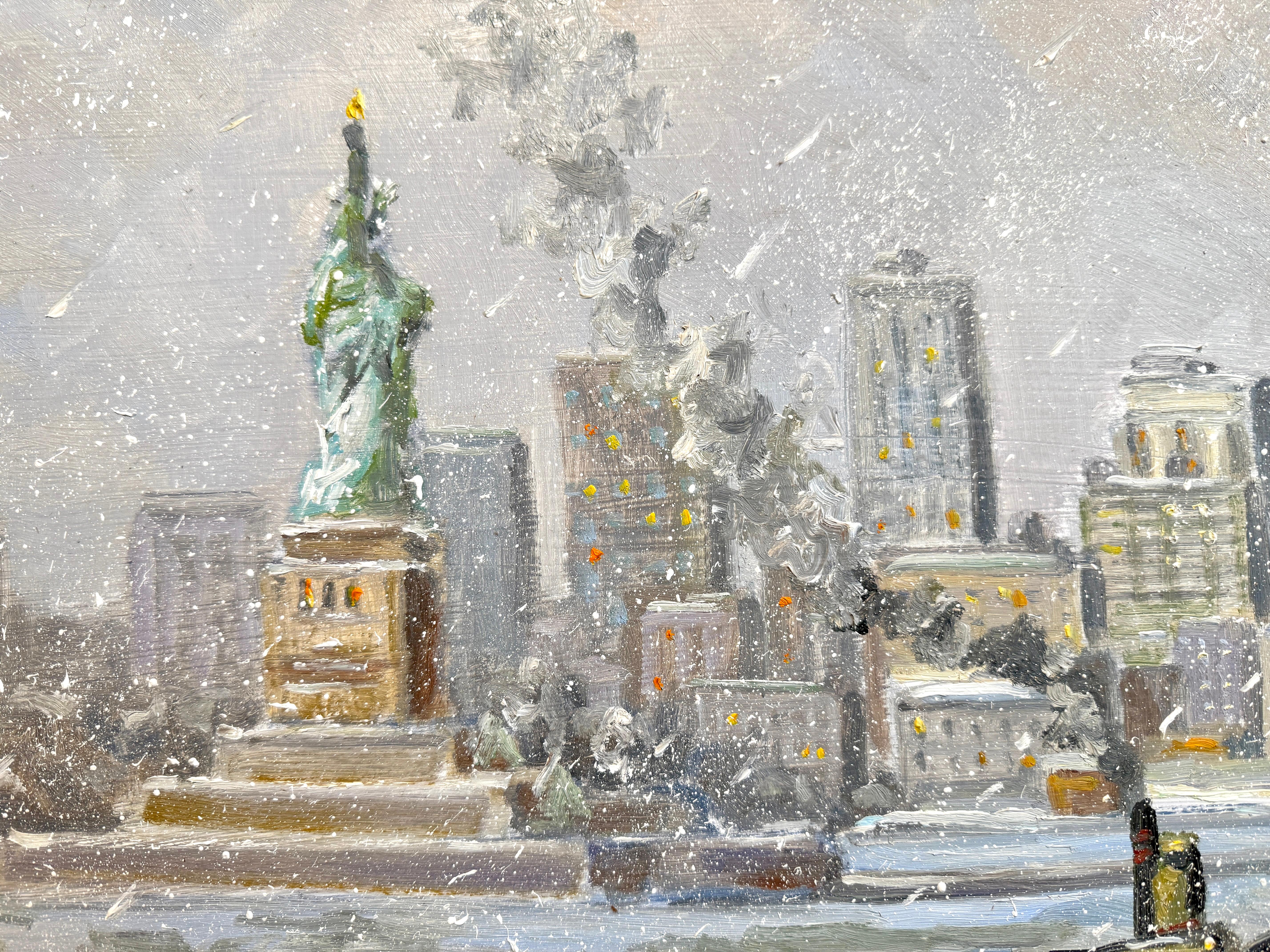 Classico americano New York City Statua della Libertà Barca Hudson Impressionista Scena d'inverno Pittura ad olio in vendita