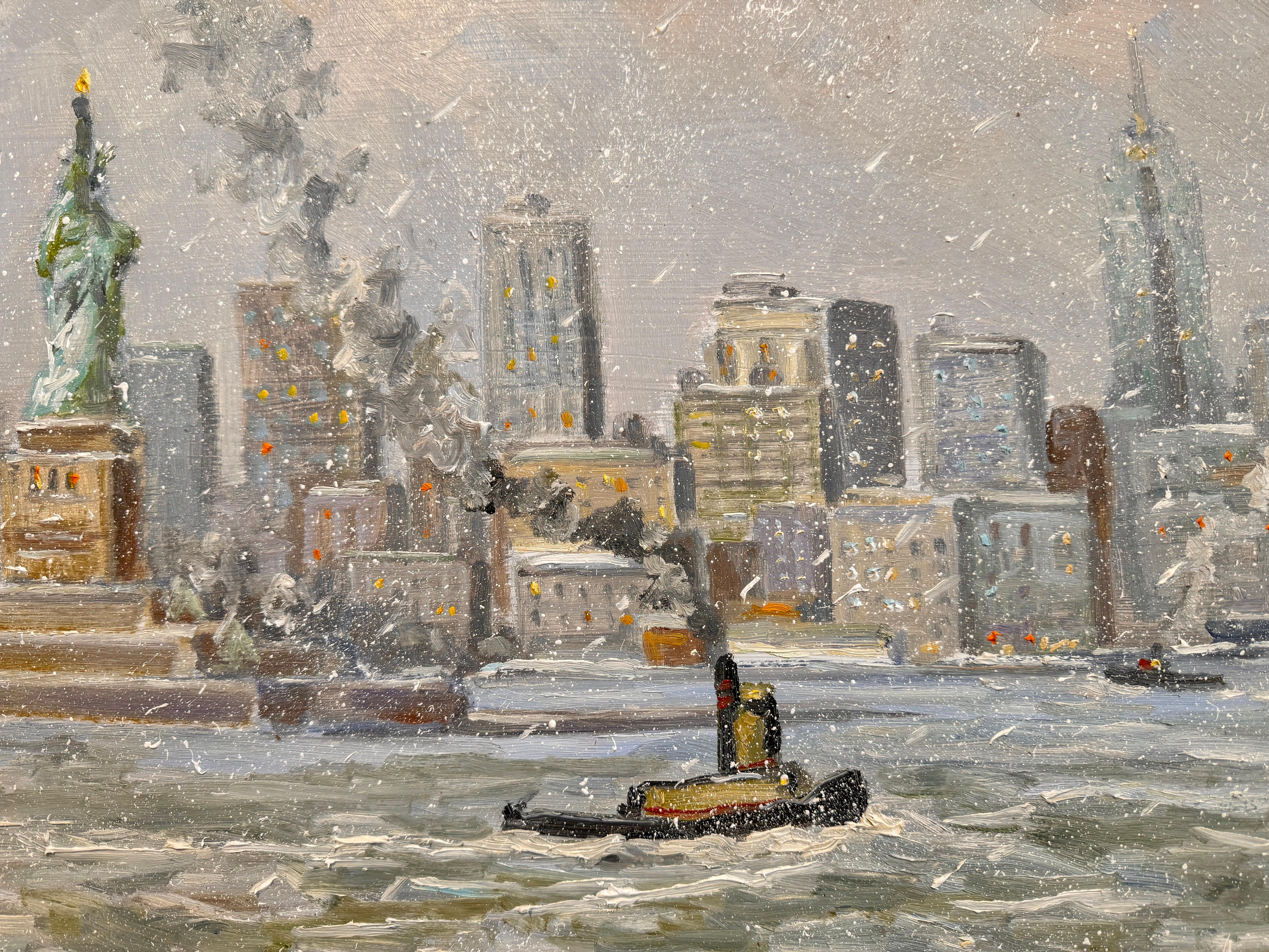 A olio New York City Statua della Libertà Barca Hudson Impressionista Scena d'inverno Pittura ad olio in vendita