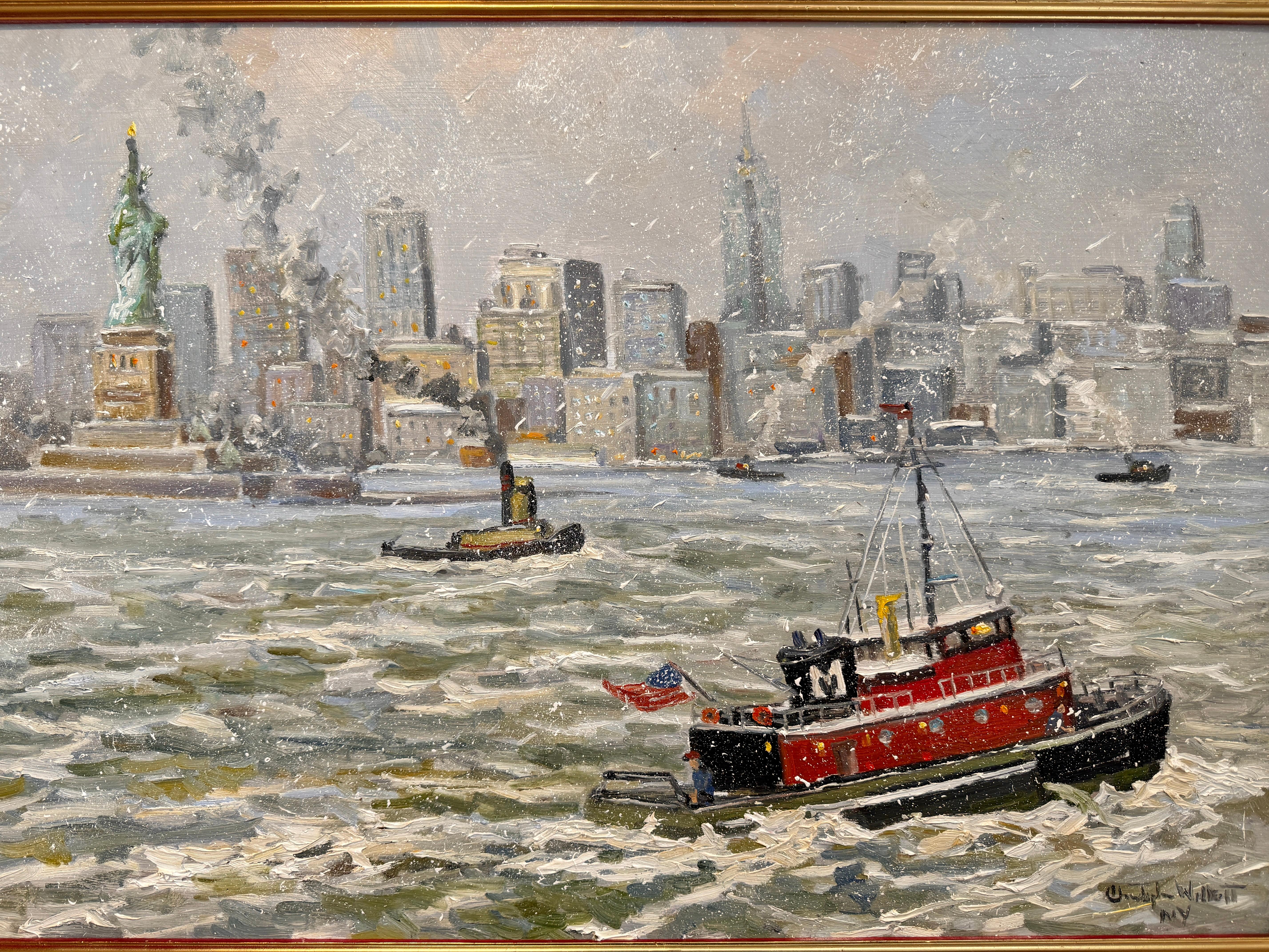 New York City Statua della Libertà Barca Hudson Impressionista Scena d'inverno Pittura ad olio In condizioni ottime in vendita a Philadelphia, PA