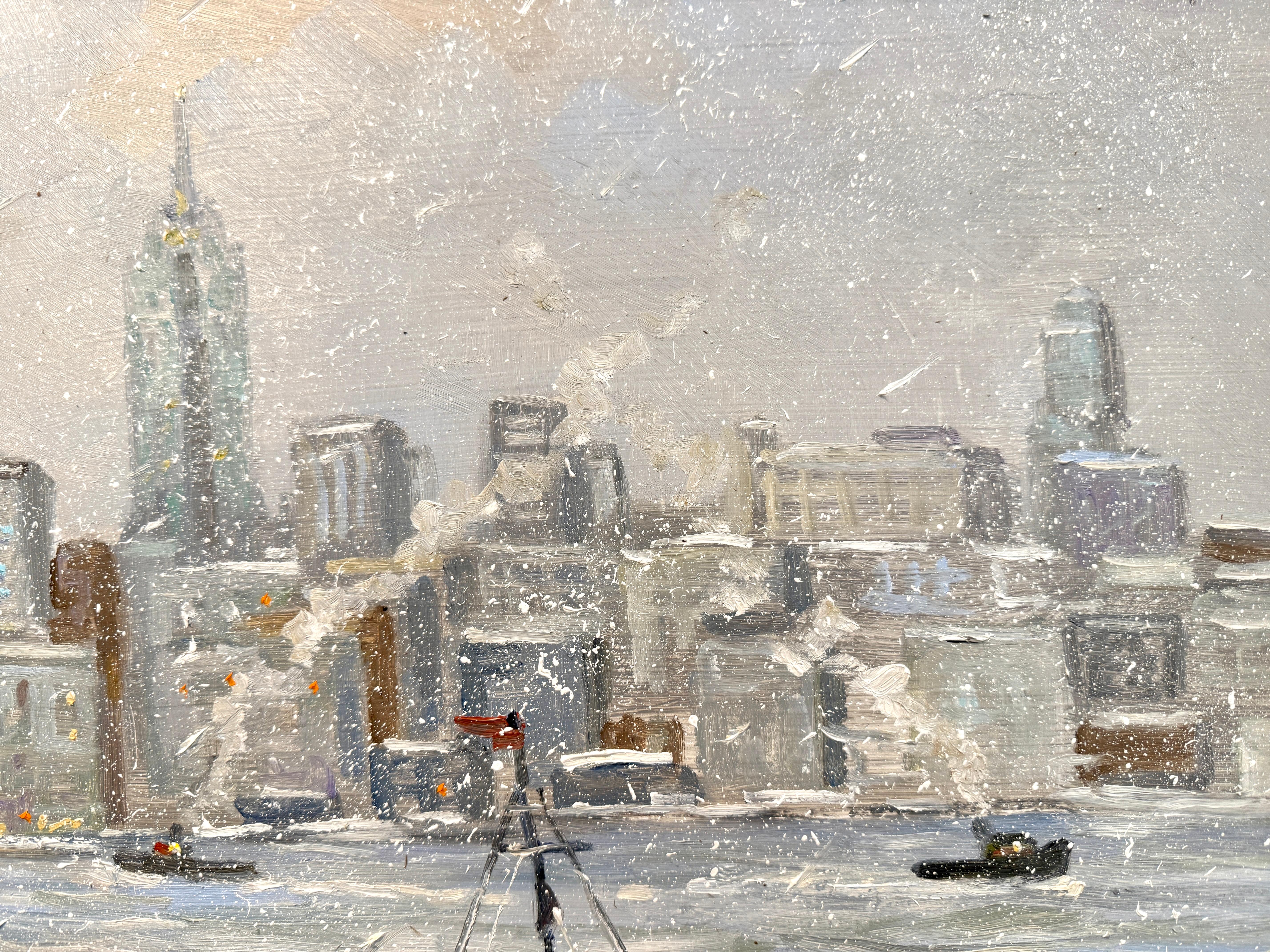 XX secolo New York City Statua della Libertà Barca Hudson Impressionista Scena d'inverno Pittura ad olio in vendita