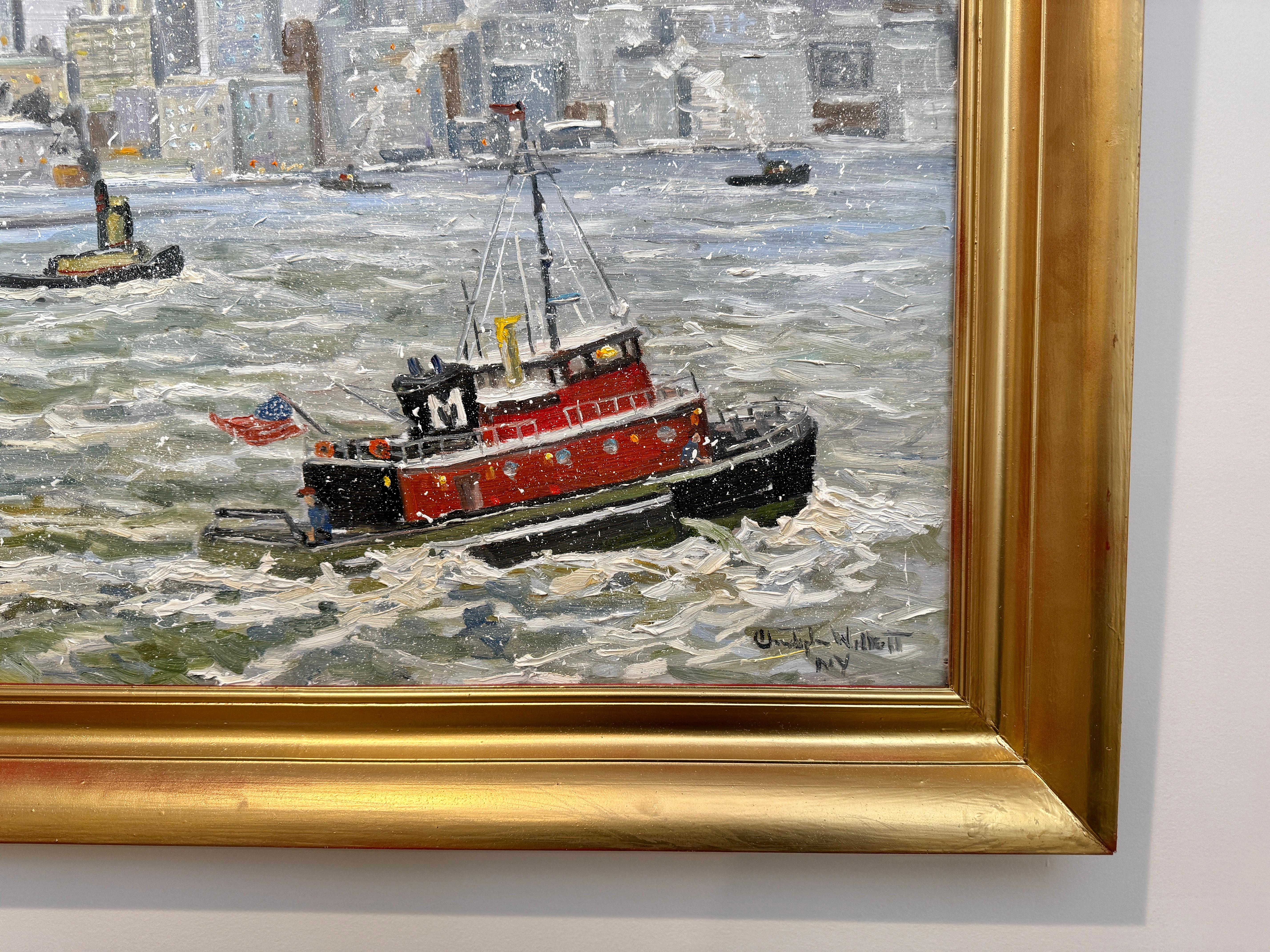 New York City Statua della Libertà Barca Hudson Impressionista Scena d'inverno Pittura ad olio in vendita 1