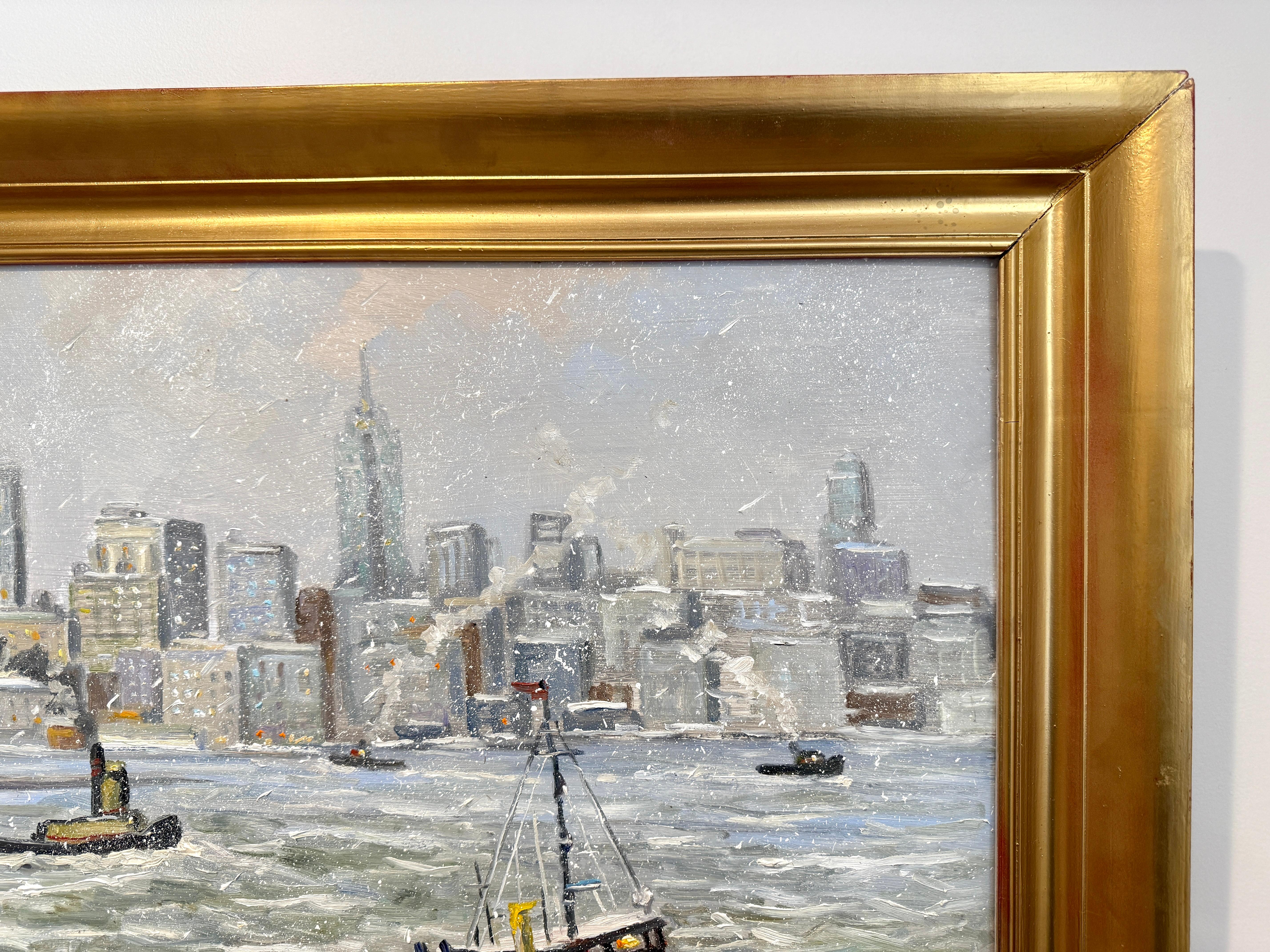New York City Statua della Libertà Barca Hudson Impressionista Scena d'inverno Pittura ad olio in vendita 2
