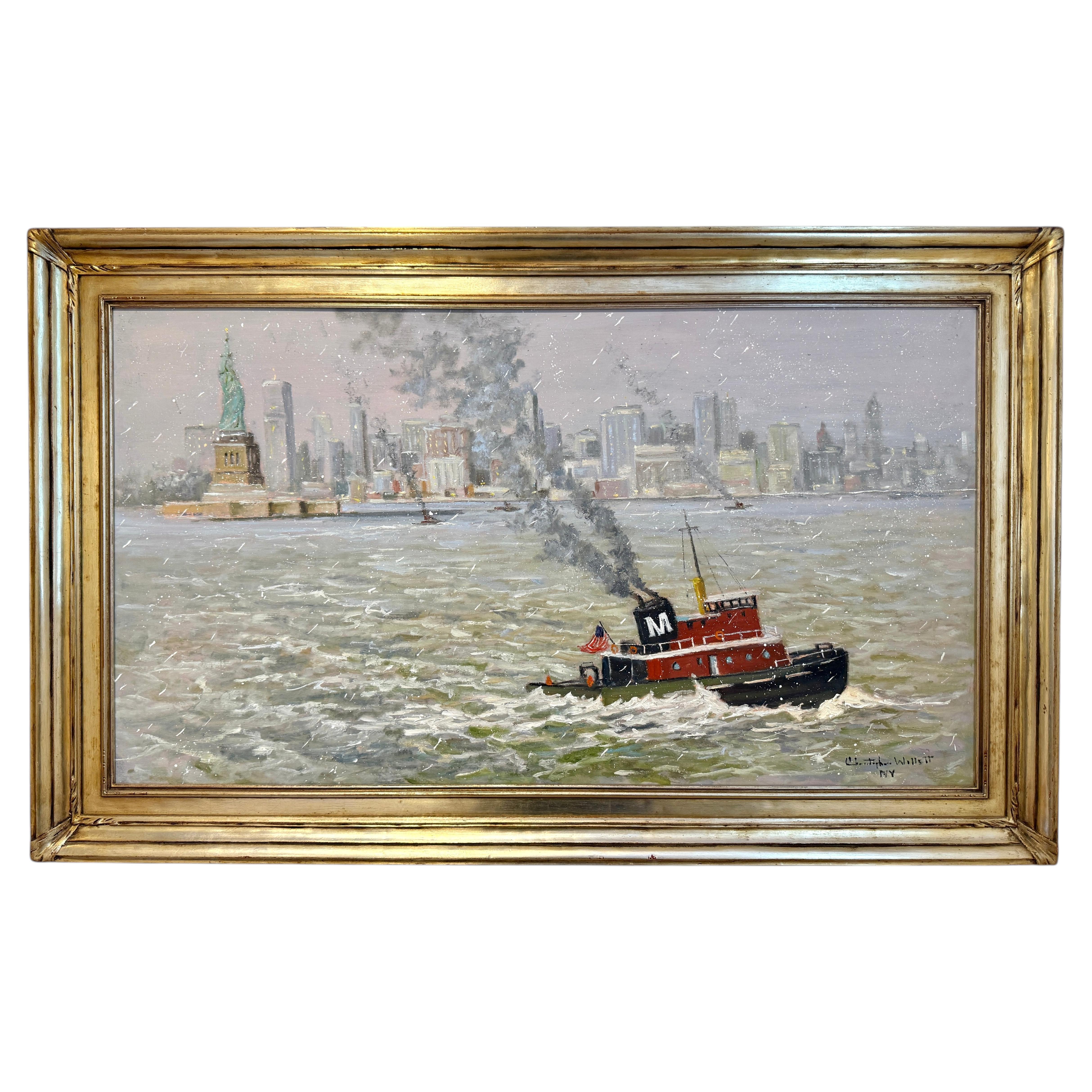 New York City Statue Liberty Boat Hudson Impressionist Winter Scene Oil Painting