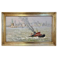 New York City Statue Liberty Boat Hudson Impressionist Winter Scene Oil Painting